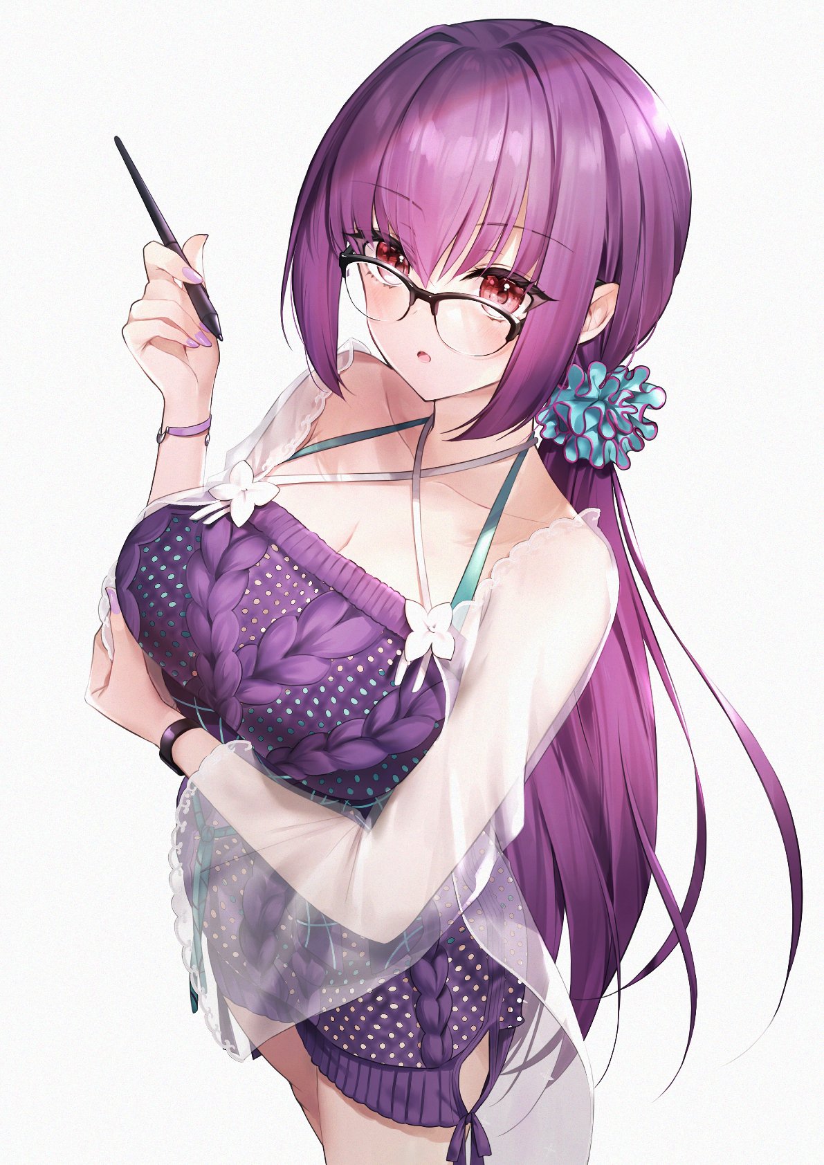 1girl bracelet breasts commentary_request dress fate/grand_order fate_(series) glasses hair_ornament hair_scrunchie hane_yuki highres holding holding_pen jewelry large_breasts long_hair looking_at_viewer low_ponytail nail_polish pen purple_hair purple_nails red_eyes scathach_(fate) scathach_skadi_(fate) scathach_skadi_(swimsuit_ruler)_(fate) scrunchie see-through solo sweater sweater_dress watch