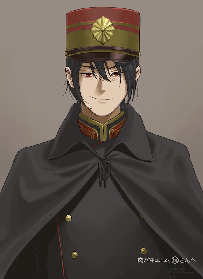 1boy black_cloak black_hair black_jacket brown_background buttons cloak closed_mouth commission copyright_request dated double-breasted hat horikou jacket looking_at_viewer male_focus red_eyes shako_cap short_hair signature simple_background skeb_commission smile solo upper_body