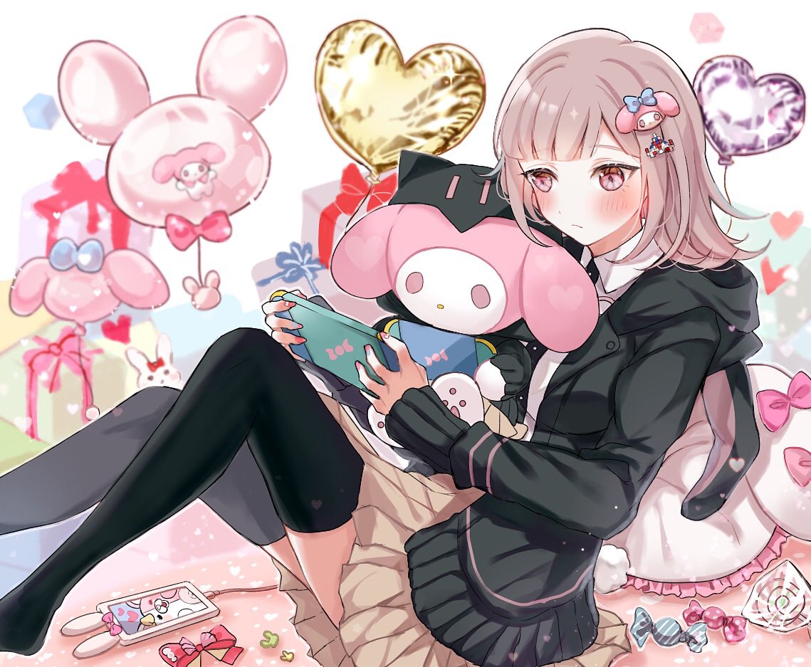 1girl balloon bangs black_jacket black_shirt black_thighhighs blush bow breasts brown_skirt candy commentary_request copyright_request cosplay danganronpa_(series) danganronpa_2:_goodbye_despair dress_shirt ear_bow flipped_hair food frilled_pillow frills from_side frown galaga gift gorila_chan hair_ornament handheld_game_console heart holding holding_handheld_game_console hood hood_down jacket large_breasts medium_hair monomi_(danganronpa) nanami_chiaki nanami_chiaki_(cosplay) open_clothes open_jacket phone pillow pink_bow pink_eyes pleated_skirt shirt skirt thigh-highs white_shirt