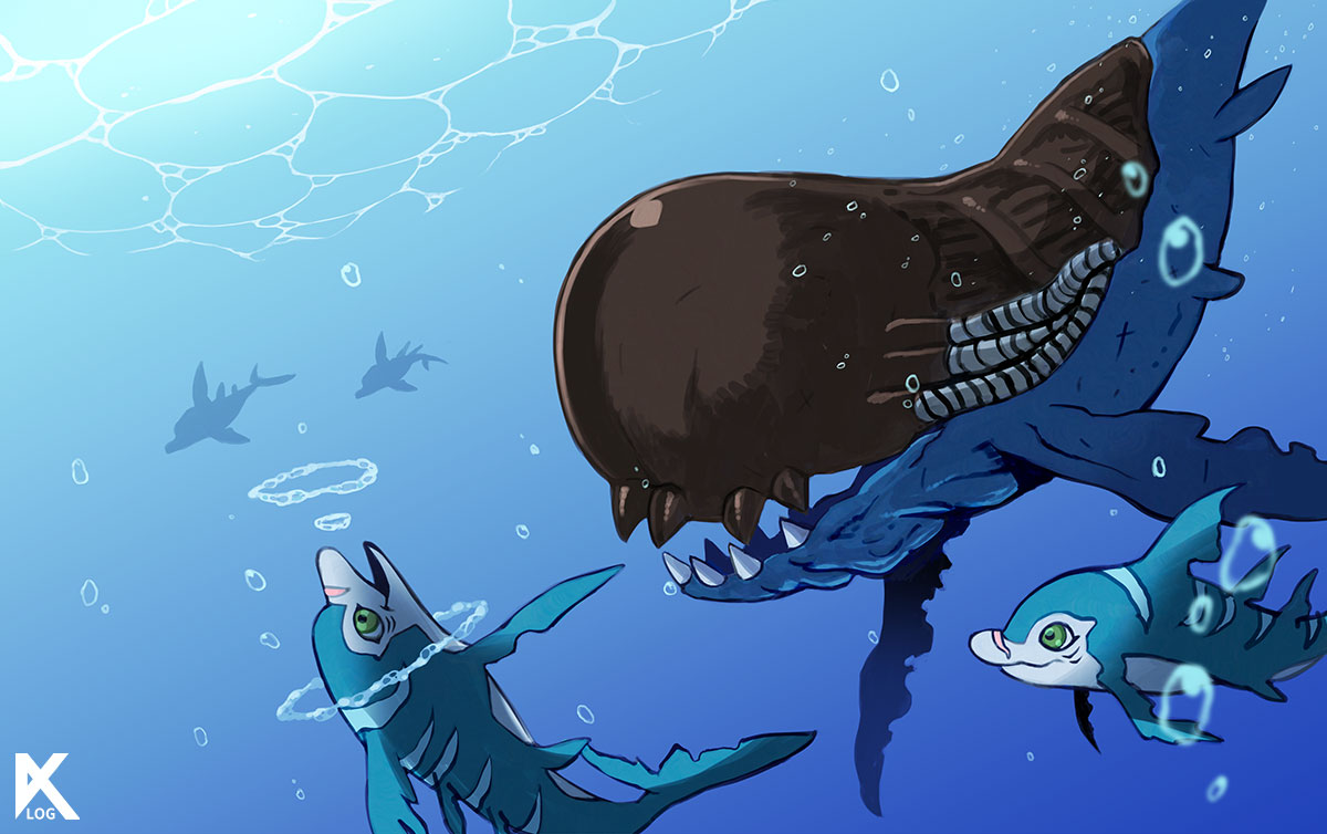 blue_skin closed_mouth colored_skin dark_skin digimon digimon_(creature) dolphin fish from_side green_eyes kasuga_(24628) no_humans open_mouth rukamon sharp_teeth signature smile teeth underwater water whale whamon