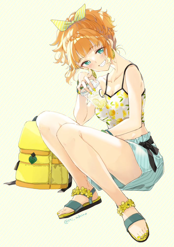 1girl backpack bag breasts camisole cup disposable_cup earrings green_eyes jewelry looking_at_viewer medium_breasts midriff miyabi_akino orange_hair original sandals short_hair short_ponytail shorts smile solo squatting