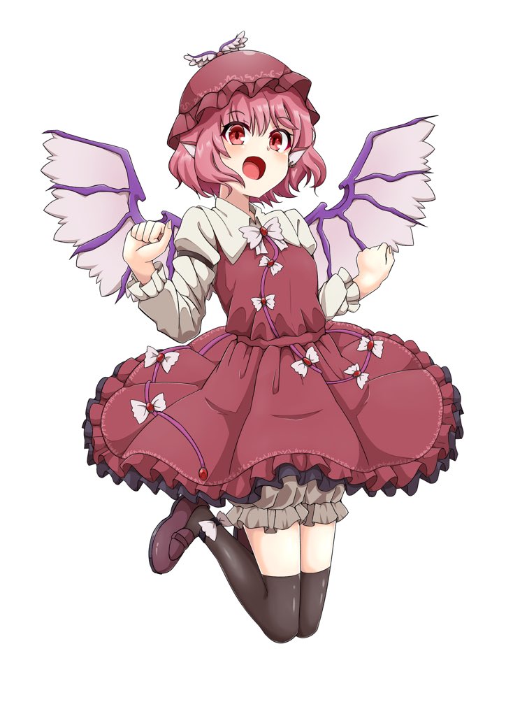 1girl animal_ears bird_ears bird_wings black_thighhighs blush brown_dress brown_footwear brown_headwear dress earrings frilled_dress frilled_sleeves frills full_body hat jewelry long_sleeves mystia_lorelei open_mouth pink_eyes pink_hair shoes short_hair simple_background single_earring smile solo thigh-highs touhou white_background white_wings winged_hat wings yugiri_(yugiri_picture)