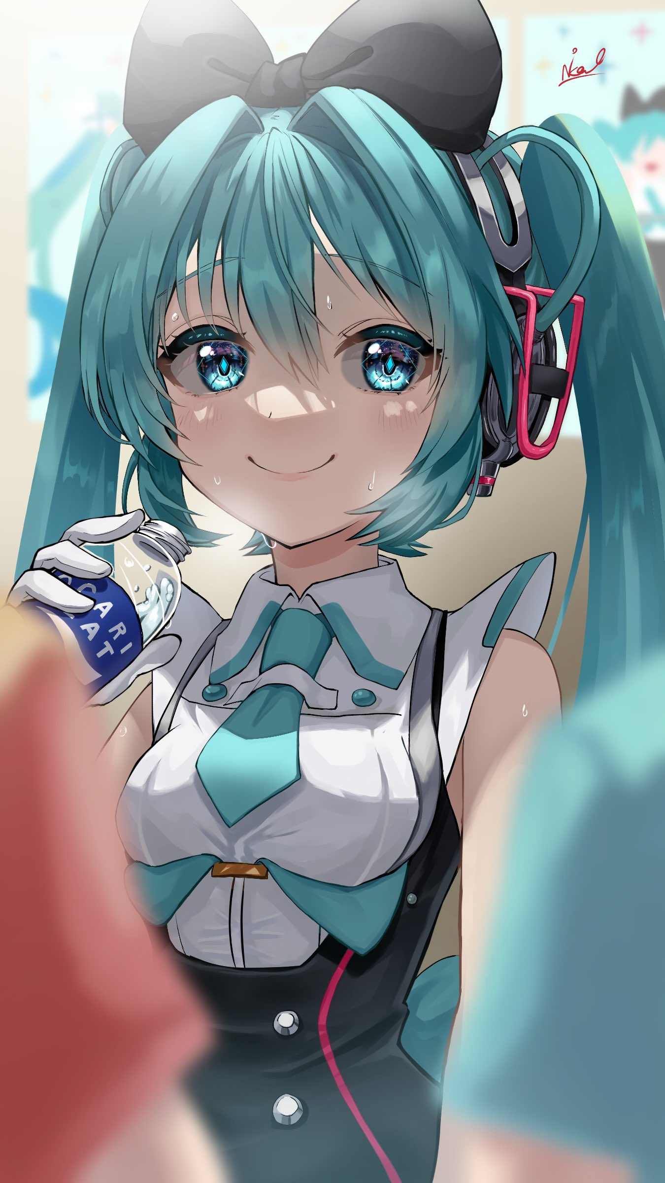 1girl absurdres aqua_eyes aqua_hair aqua_necktie bangs black_bow bottle bow closed_mouth hair_bow hatsune_miku headphones highres holding holding_bottle long_hair looking_at_viewer necktie pocari_sweat smile solo tatyaoekaki twintails upper_body vocaloid water_bottle