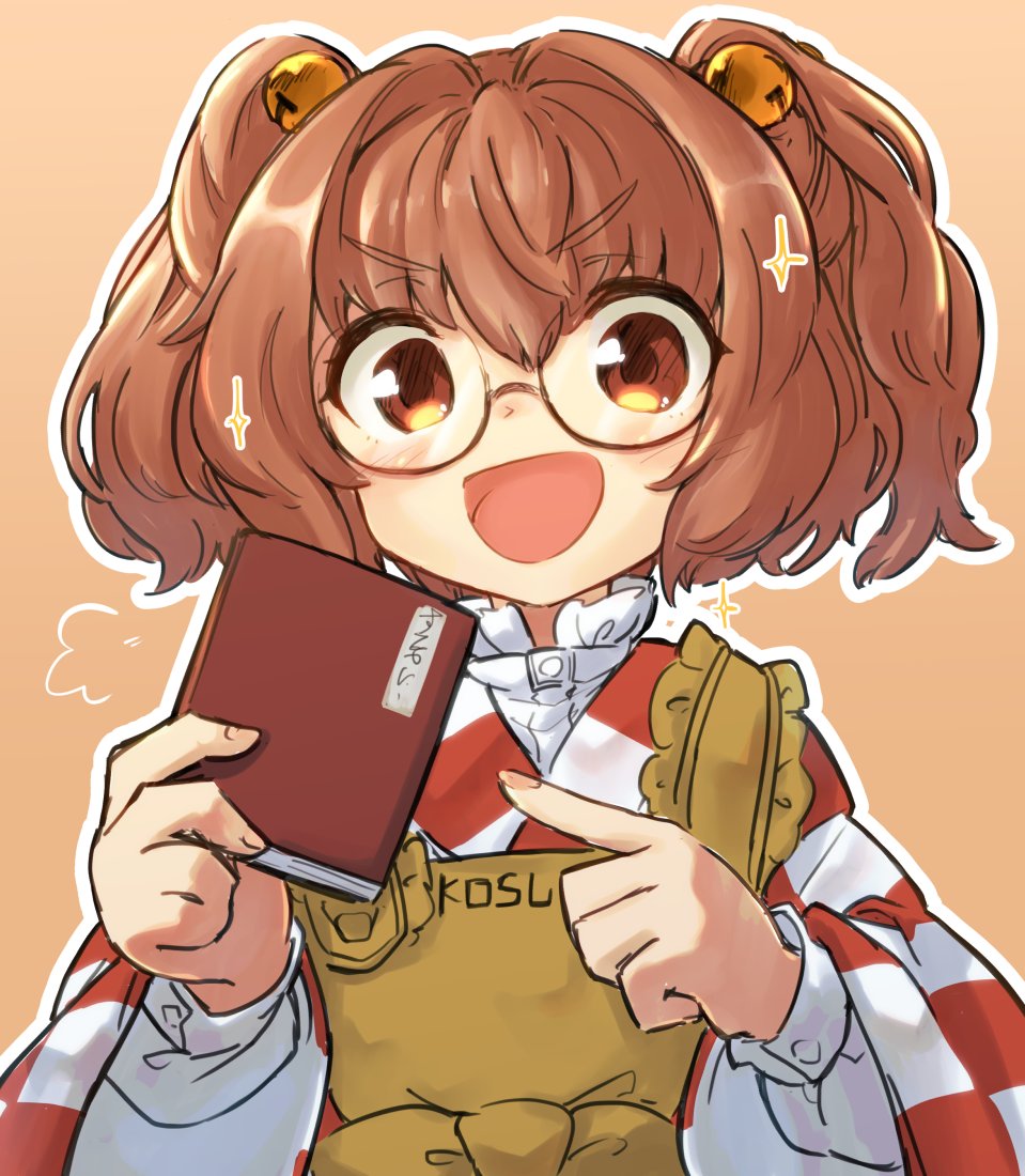 1girl :d =3 apron bell book brown_background checkered_clothes checkered_kimono fingernails glasses hair_bell hair_ornament holding holding_book japanese_clothes jingle_bell kimono looking_at_viewer motoori_kosuzu open_book open_mouth outline pointing simple_background smile solo touhou two_side_up uisu_(noguchipint) upper_body v-shaped_eyebrows white_outline