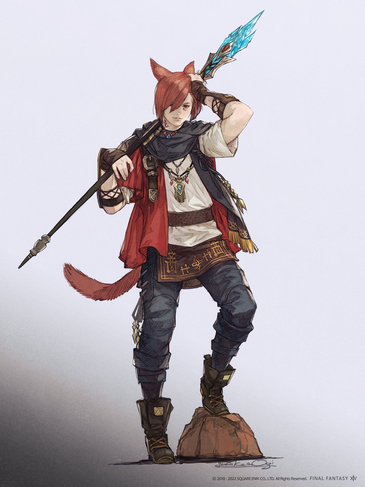 1boy animal_ears ankle_boots artist_name bangs belt black_pants black_scarf boots brown_footwear brown_gloves cat_boy cat_ears cat_tail commentary company_name copyright copyright_name cross-laced_footwear elbow_gloves english_commentary facial_hair final_fantasy final_fantasy_xiv fingerless_gloves fringe_trim full_body g'raha_tia gloves gradient gradient_background grey_background hair_between_eyes hair_over_one_eye hand_on_own_head hands_up hatching_(texture) highres holding holding_staff jacket jewelry lace-up_boots looking_at_viewer male_focus miqo'te mogi_yuusuke neck_tattoo official_art over_shoulder pants pendant red_eyes red_jacket redhead rock scarf shirt short_hair shoulder_belt signature simple_background smile solo staff standing swept_bangs tail tattoo weapon weapon_over_shoulder white_shirt