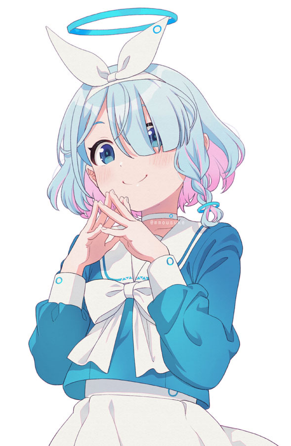 1girl arona_(blue_archive) bangs blue_archive blue_eyes blue_hair blue_shirt blush bow braid closed_mouth eyebrows_hidden_by_hair hair_over_one_eye hair_ribbon halo long_sleeves mattaku_mousuke multicolored_hair pink_hair pleated_skirt puffy_long_sleeves puffy_sleeves ribbon sailor_collar shirt simple_background single_braid skirt smile solo steepled_fingers twitter_username two-tone_hair white_background white_bow white_ribbon white_sailor_collar white_skirt