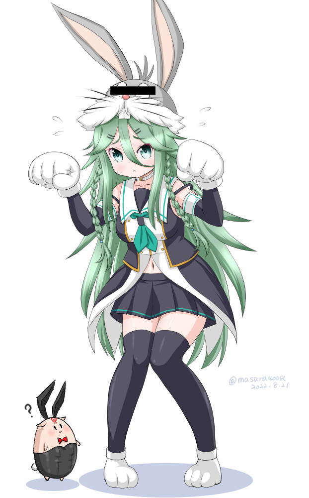 1girl animal_hands animal_hood bangs black_ribbon black_serafuku black_skirt braid bugs_bunny bugs_bunny_(cosplay) bunny_day bunny_pose buttons censored cosplay dated double-breasted elbow_gloves full_body gloves green_eyes green_hair green_neckerchief hair_between_eyes hair_flaps hair_ornament hair_ribbon hairclip hood identity_censor kantai_collection long_hair looking_at_viewer looney_tunes masara_(chuujou) neckerchief one-hour_drawing_challenge parted_bangs paw_gloves pleated_skirt ponytail rabbit_hood ribbon school_uniform serafuku sidelocks simple_background skirt the_yuudachi-like_creature thigh-highs twin_braids twitter_username white_background wrist_cuffs yamakaze_(kancolle) yamakaze_kai_ni_(kancolle)