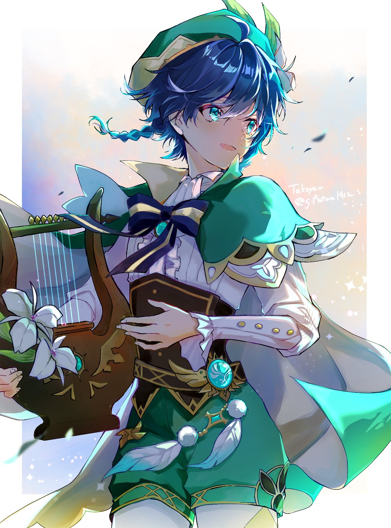1boy argyle argyle_legwear bangs beret black_hair blue_hair blush bow braid brooch center_frills collared_cape collared_shirt commentary_request corset flower frilled_sleeves frills gem genshin_impact gradient_hair green_eyes green_headwear green_shorts hat highres holding holding_instrument instrument jewelry leaf long_sleeves looking_to_the_side lyre male_focus multicolored_hair open_mouth outside_border pantyhose parted_lips shirt short_hair_with_long_locks shorts side_braids sidelocks sky smile solo sparkle striped striped_bow takoyan_(g_autumn) twin_braids twitter_username venti_(genshin_impact) white_flower white_pantyhose white_shirt wind