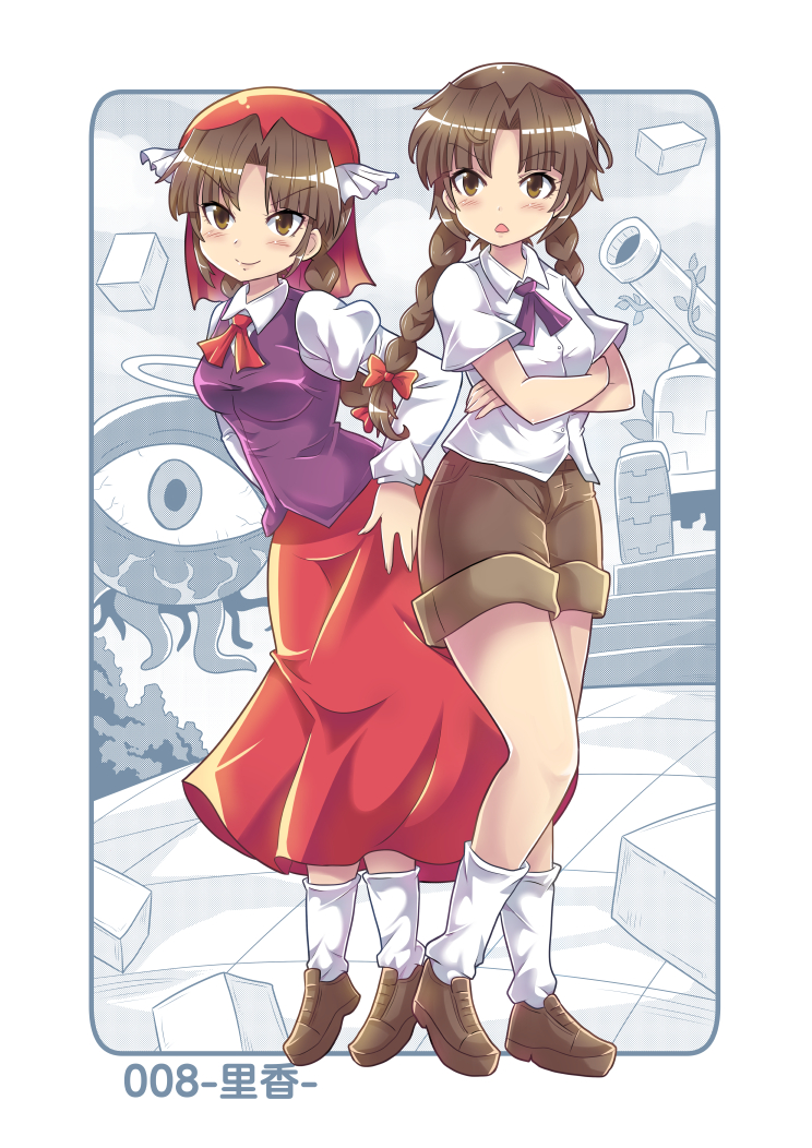 bow braid brown_eyes colonel_aki commentary_request crossed_arms dual_persona eyeball hair_bow hair_intakes hair_ribbon hat juliet_sleeves long_hair long_sleeves puffy_sleeves purple_vest red_skirt ribbon rika_(touhou) shoes short_sleeves shorts skirt smile stairs touhou translated twin_braids vest