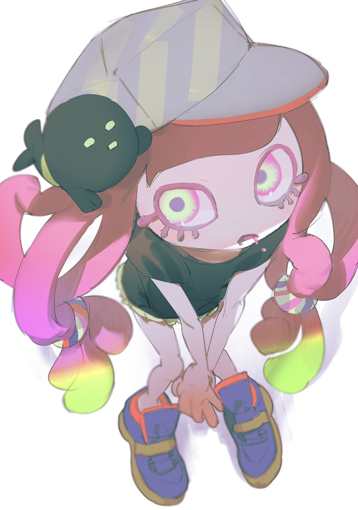 1girl black_shirt blonde_hair clownfish colored_eyelashes d: drooling fish frown green_eyes green_hair green_skirt harmony's_clownfish_(splatoon) harmony_(splatoon) hat highres hossi low_twintails miniskirt multicolored_eyes multicolored_footwear multicolored_hair no_nose open_mouth pink_eyes pink_hair purple_pupils shirt shoes short_sleeves sideways_hat simple_background skirt sneakers splatoon_(series) splatoon_3 standing striped striped_headwear tentacle_hair twintails v_arms white_background