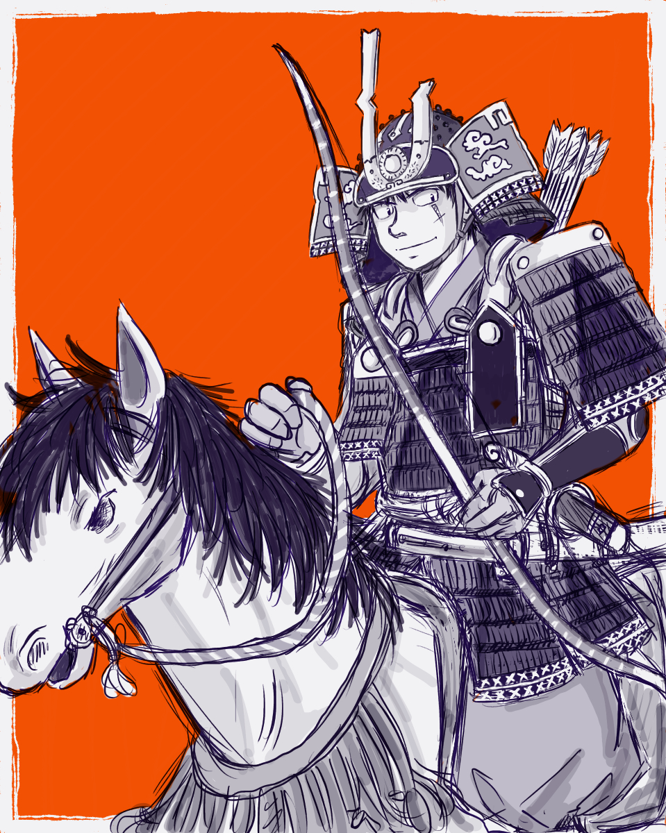 1boy angolmois:_genkou_kassenki armor bow_(weapon) helmet highres holding holding_bow_(weapon) holding_weapon horseback_riding japanese_armor jinzaburo_kuchii kabuto_(helmet) male_focus orange_background quiver reins riding saddle scar scar_on_cheek scar_on_face solo tako-meshi_(morimori) weapon