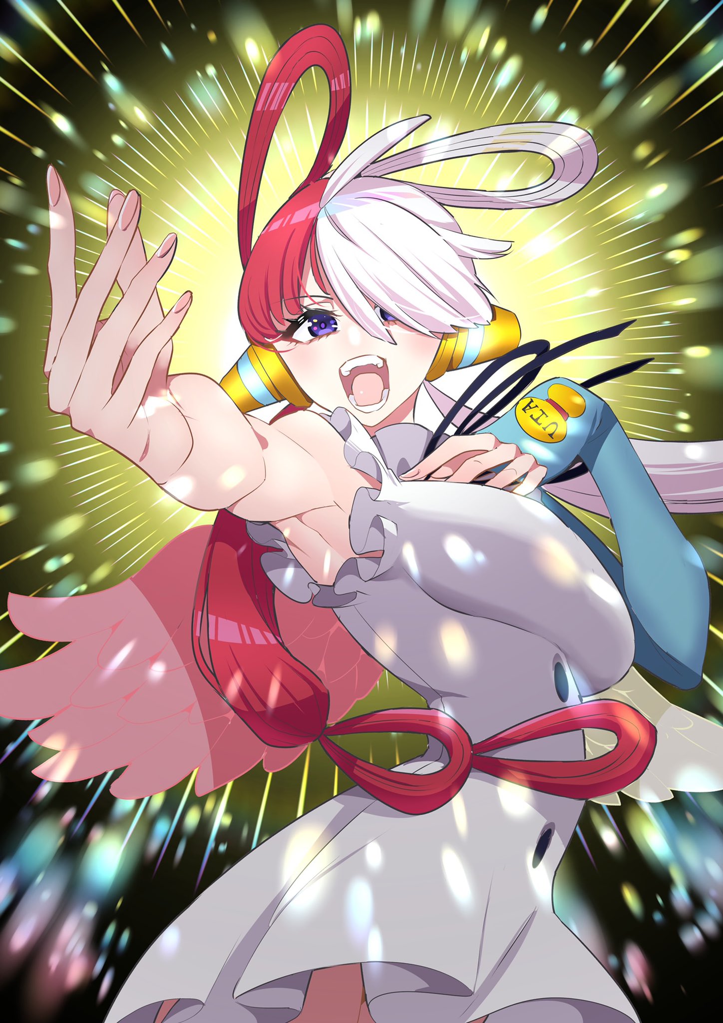 1girl ahoge armpits blue_gloves blush dress elbow_gloves eyelashes feathered_wings fingerless_gloves fingernails frills gloves hair_over_one_eye highres hirakata_masahiro light_particles light_rays long_eyelashes long_hair mismatched_wings multicolored_hair one_piece one_piece:_film_red open_mouth outstretched_arm pink_nails red_wings redhead single_elbow_glove single_glove solo teeth tongue twintails uta_(one_piece) violet_eyes white_dress white_hair white_wings wings