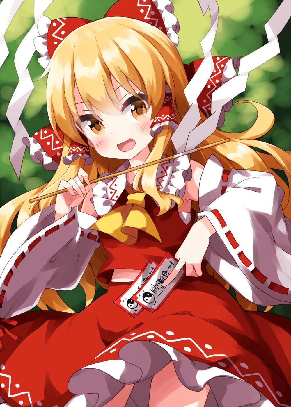 1girl blonde_hair blush bow cosplay cowboy_shot frilled_bow frilled_skirt frills gohei hair_bow hakurei_reimu hakurei_reimu_(cosplay) happy highres holding kirisame_marisa long_hair nontraditional_playboy_bunny ofuda one-hour_drawing_challenge open_mouth red_bow red_skirt red_vest ruu_(tksymkw) skirt solo touhou very_long_hair vest yellow_eyes