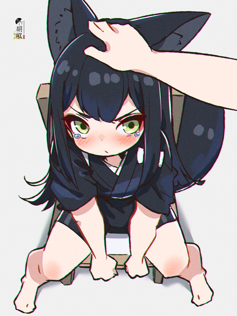 1girl 1other animal_ear_fluff animal_ears barefoot black_hair black_shorts blush chair dog_ears dog_girl dog_tail feet from_above green_eyes grey_background hand_on_another's_head highres kuro_kosyou long_hair looking_at_viewer looking_up original petting pov short_shorts short_sleeves shorts simple_background sitting spread_legs tail tears thighs