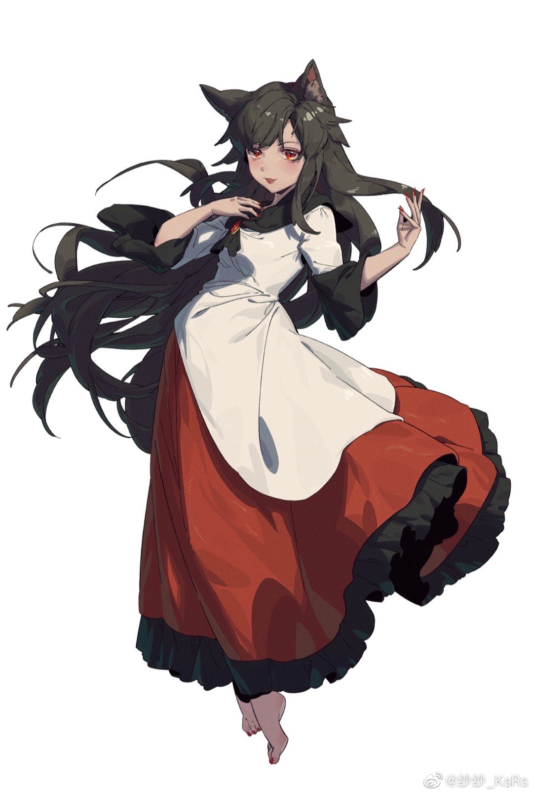 1girl animal_ear_fluff animal_ears barefoot black_hair blush brooch chinese_commentary commentary_request dress fingernails floating_hair frilled_dress frills full_body guozimiao hands_up highres imaizumi_kagerou jewelry layered_dress lips long_hair looking_at_viewer nail_polish parted_lips red_dress red_eyes red_nails simple_background solo standing toenail_polish toenails touhou very_long_hair weibo_logo weibo_username white_background white_dress wide_sleeves wolf_ears wolf_girl