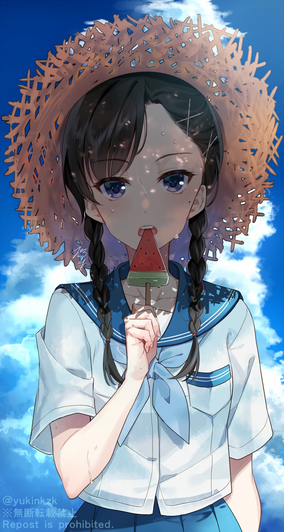 1girl bangs black_hair blue_neckerchief blue_sailor_collar blue_skirt blue_sky blush braid brown_headwear clouds cloudy_sky collarbone commentary_request day english_text food hair_ornament hair_over_shoulder hairclip hat highres holding holding_food long_hair looking_at_viewer low_twintails neckerchief nekozuki_yuki open_mouth original outdoors pleated_skirt popsicle sailor_collar school_uniform serafuku shirt short_sleeves skirt sky solo straw_hat sweat twin_braids twintails twitter_username violet_eyes watermark watermelon_bar white_shirt x_hair_ornament