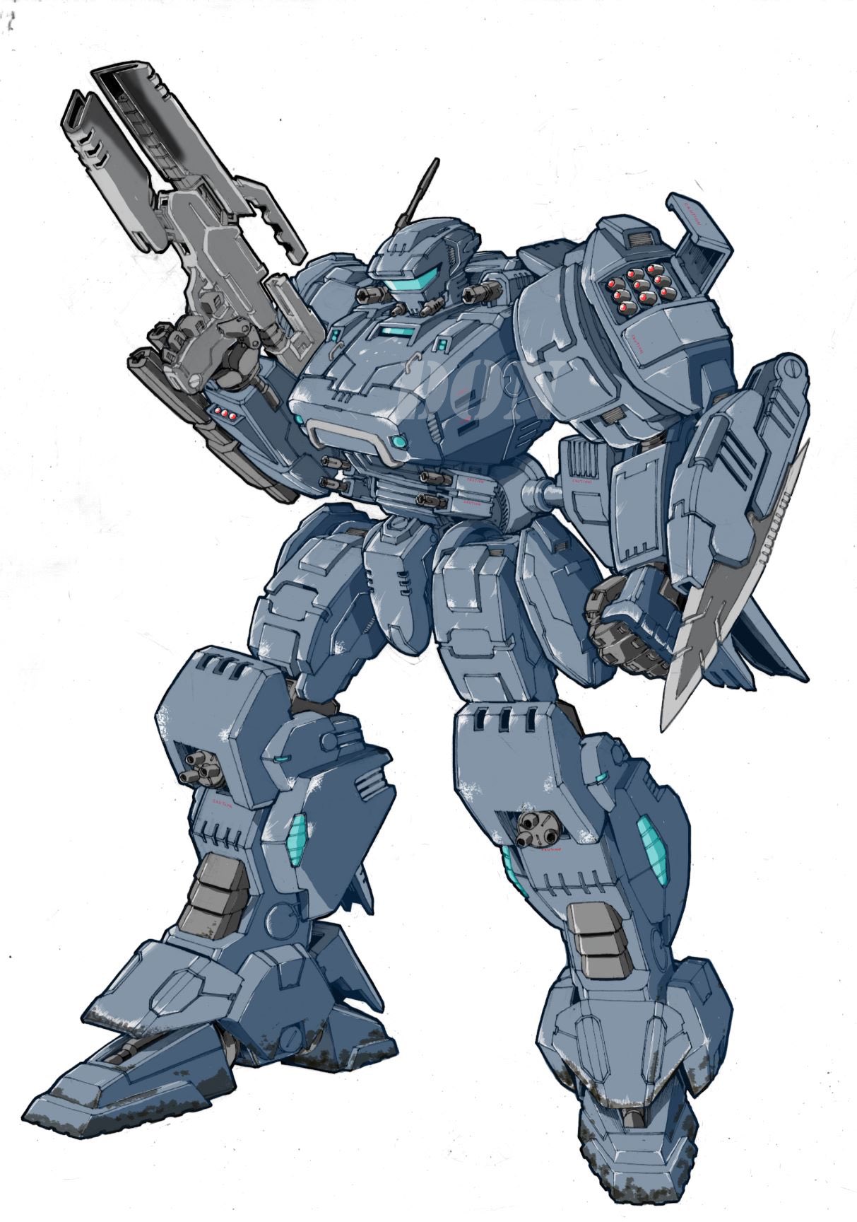 arm_blade clenched_hand don_allan_figueroa gun highres holding holding_gun holding_weapon looking_down mecha missile_pod no_humans original robot science_fiction solo visor watermark weapon
