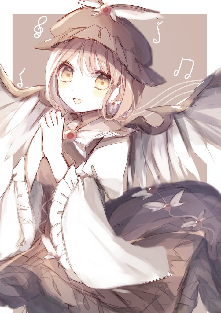 1girl animal_ears beamed_eighth_notes bird_ears bird_wings blush brown_dress brown_headwear dress eighth_note frilled_sleeves frills hat long_sleeves musical_note mystia_lorelei open_mouth pink_hair shiba_0007 short_hair smile solo touhou treble_clef upper_body white_wings wide_sleeves winged_hat wings yellow_eyes