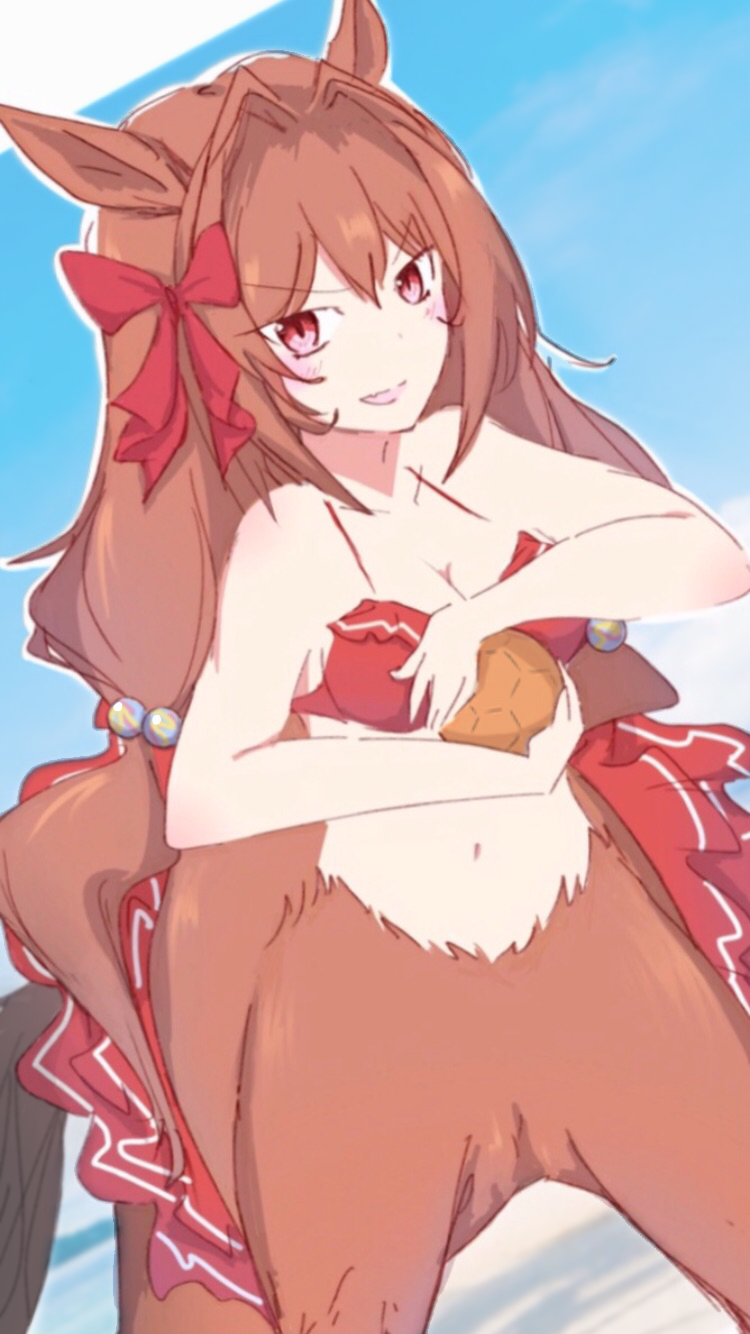 1girl animal_ears ball bikini brown_hair centaur daiwa_scarlet_(trifle_vacation)_(umamusume) daiwa_scarlet_(umamusume) hair_bobbles hair_intakes hair_ornament highres horse_ears long_hair monster_girl monsterification multiple_legs open_mouth red_bikini red_eyes smile solo swimsuit taur twintails umamusume v-shaped_eyebrows wani_(user_ccdn5478)