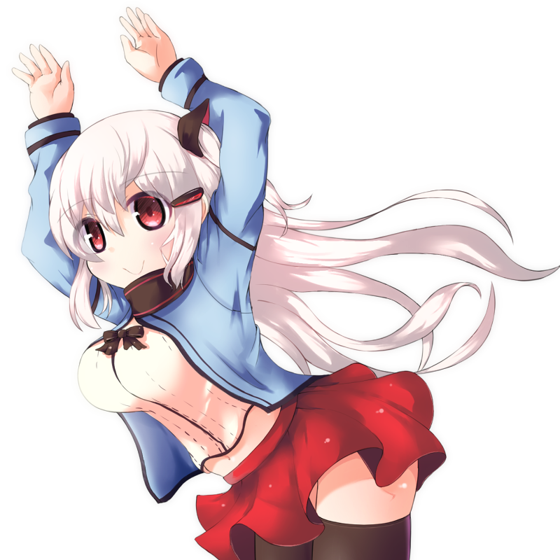 1girl :&gt; alps_to_kiken_na_mori blue_jacket blush breasts choice_(xtmm5285) frilled_skirt frills hair_ornament hairclip jacket large_breasts long_hair long_sleeves looking_at_viewer midriff navel open_clothes open_jacket red_eyes red_skirt side_ponytail simple_background skirt tagme very_long_hair white_background white_hair