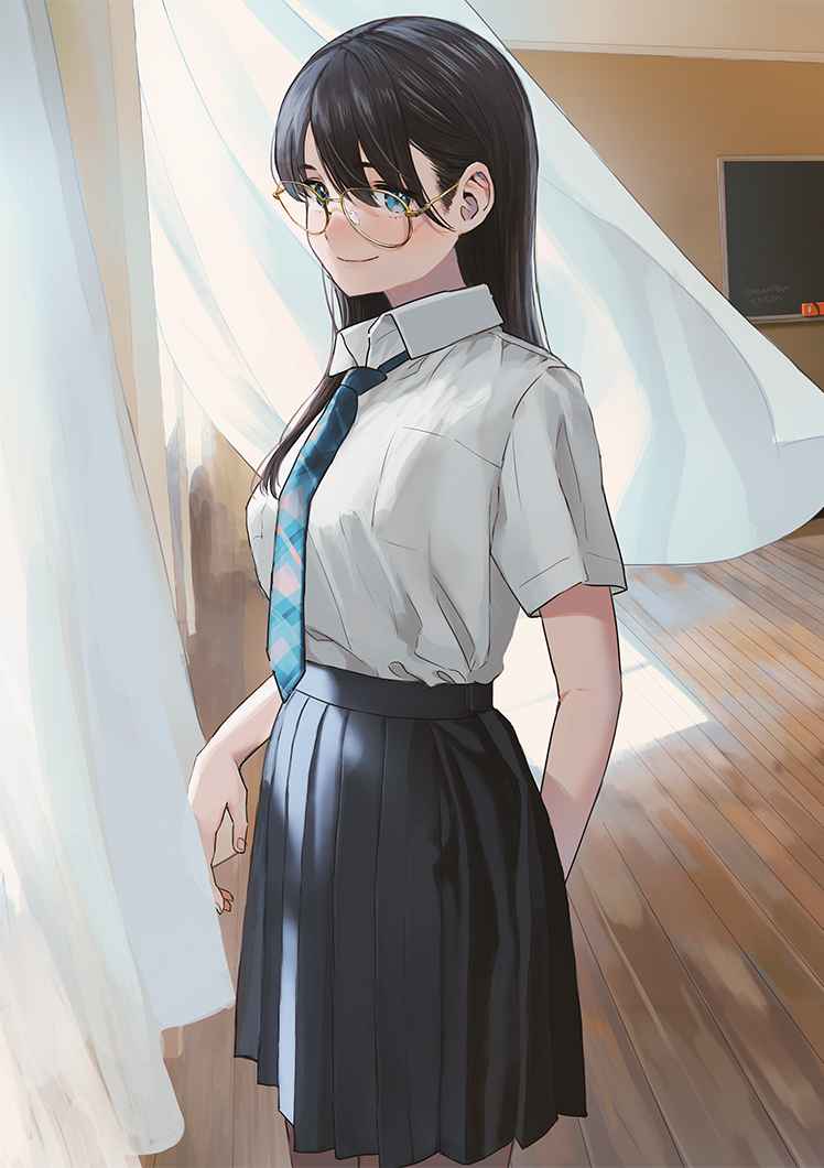 1girl black_hair black_skirt blue_eyes blue_necktie chalkboard curtains glasses green_eyes heterochromia indoors long_hair morifumi necktie original school_uniform second-party_source shirt short_sleeves skirt solo standing white_shirt wooden_floor