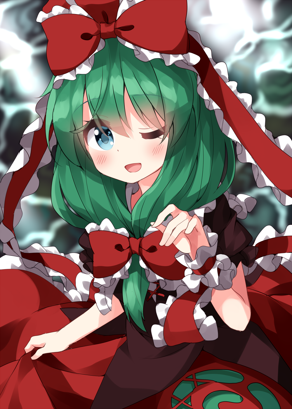 1girl blush bow dress frilled_bow frilled_ribbon frilled_sleeves frills front_ponytail green_eyes green_hair hair_bow hair_ribbon highres kagiyama_hina long_hair one_eye_closed open_mouth red_bow red_dress red_ribbon ribbon ruu_(tksymkw) short_sleeves smile solo touhou upper_body