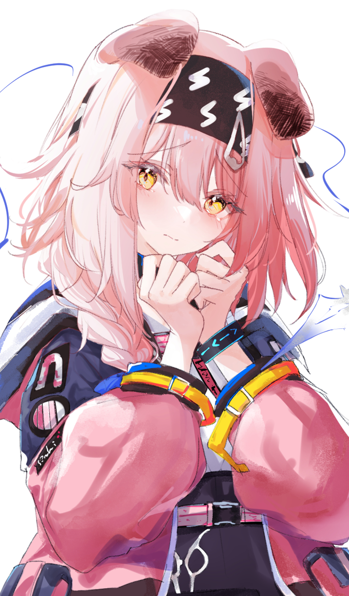 1girl animal_ears arknights belt black_hairband black_skirt bracelet braid cat_ears closed_mouth floating floating_object goldenglow_(arknights) hairband high-waist_skirt highres infection_monitor_(arknights) jewelry lightning_bolt_print liu_liu long_hair long_sleeves looking_at_viewer own_hands_together pink_hair scissors side_braid simple_background skirt solo tearing_up tears upper_body white_background yellow_eyes