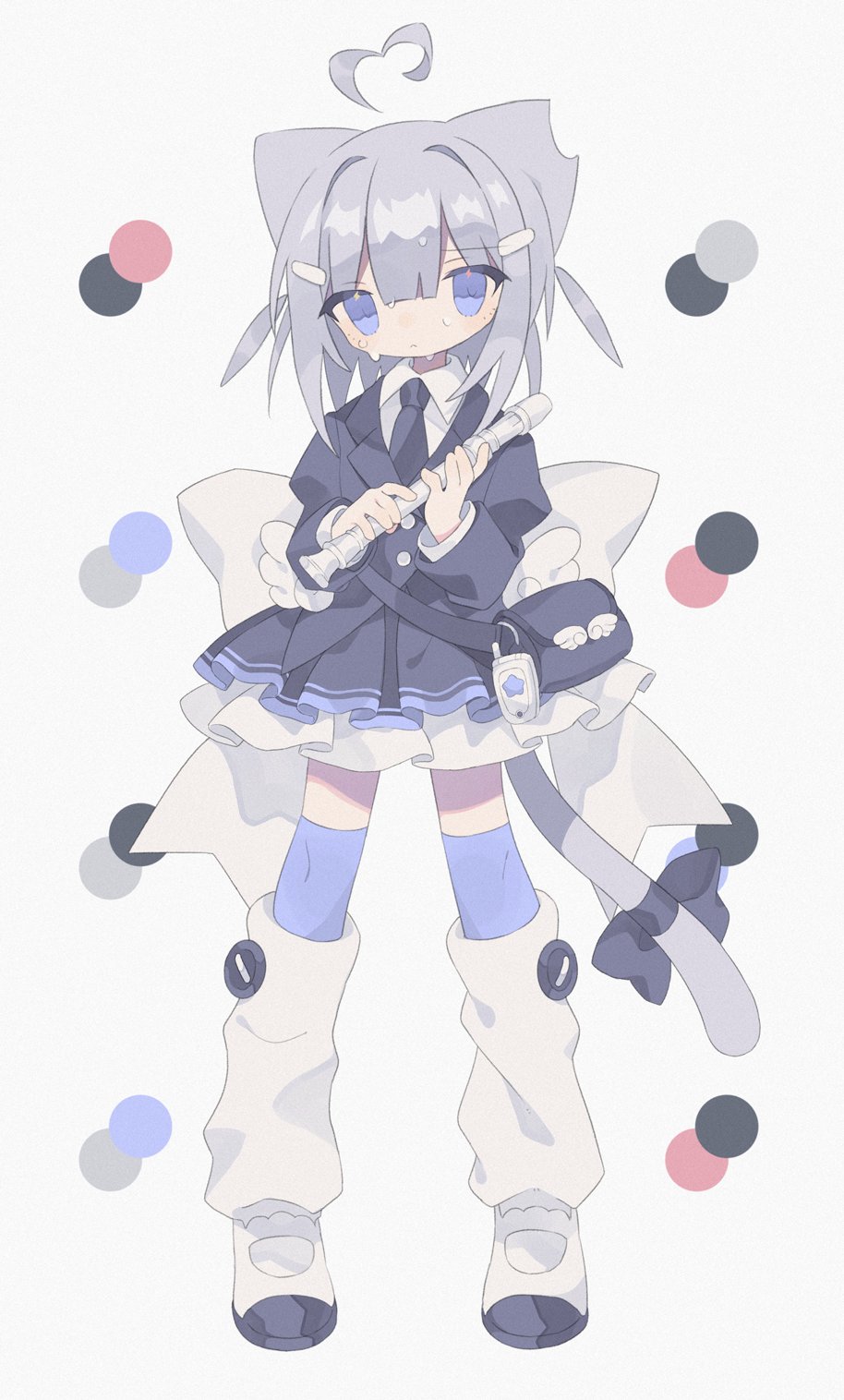 1girl ahoge animal_ears back_bow bangs black_bag black_bow black_jacket black_necktie black_skirt blue_eyes blue_thighhighs bow buttons cat_ears cat_girl cat_tail cellphone closed_mouth collared_shirt daizu_(melon-lemon) detached_ahoge flip_phone full_body grey_hair hair_between_eyes hair_ornament hairclip heart heart_ahoge highres holding holding_instrument huge_bow instrument jacket layered_skirt leg_warmers long_sleeves looking_at_viewer necktie original phone recorder shirt shoes simple_background skirt solo standing sweat tail tail_bow tail_ornament thigh-highs uwabaki white_background white_bow white_footwear white_leg_warmers white_shirt white_skirt zettai_ryouiki