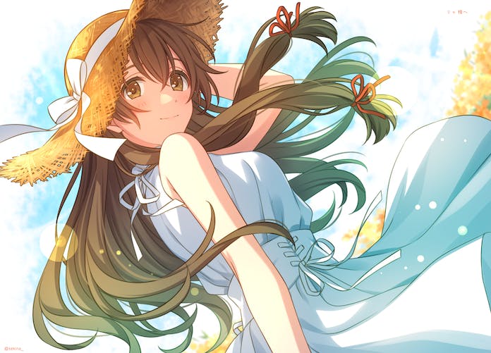 1girl bare_shoulders bow brown_eyes brown_hair closed_mouth commission dress hair_ribbon hat hat_bow looking_at_viewer original red_ribbon ribbon sekina skeb_commission smile solo straw_hat sundress tress_ribbon white_bow white_dress yellow_headwear