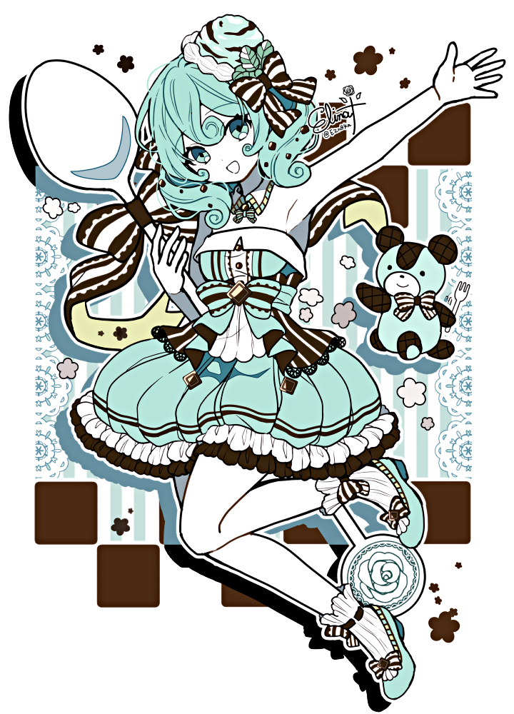 1girl aqua_dress aqua_eyes aqua_footwear aqua_hair arm_up bangs bow bowtie buttons collar colored_skin dot_nose dress flower_(symbol) food fork frilled_dress frills hair_bow hat head_tilt holding holding_spoon ice_cream looking_at_viewer medium_hair mint mint_chocolate_chip murasaki_daidai_etsuo open_mouth original personification shoes signature sleeveless sleeveless_dress smile sock_bow socks spoon striped striped_bow stuffed_animal stuffed_toy teddy_bear waist_bow white_skin white_socks