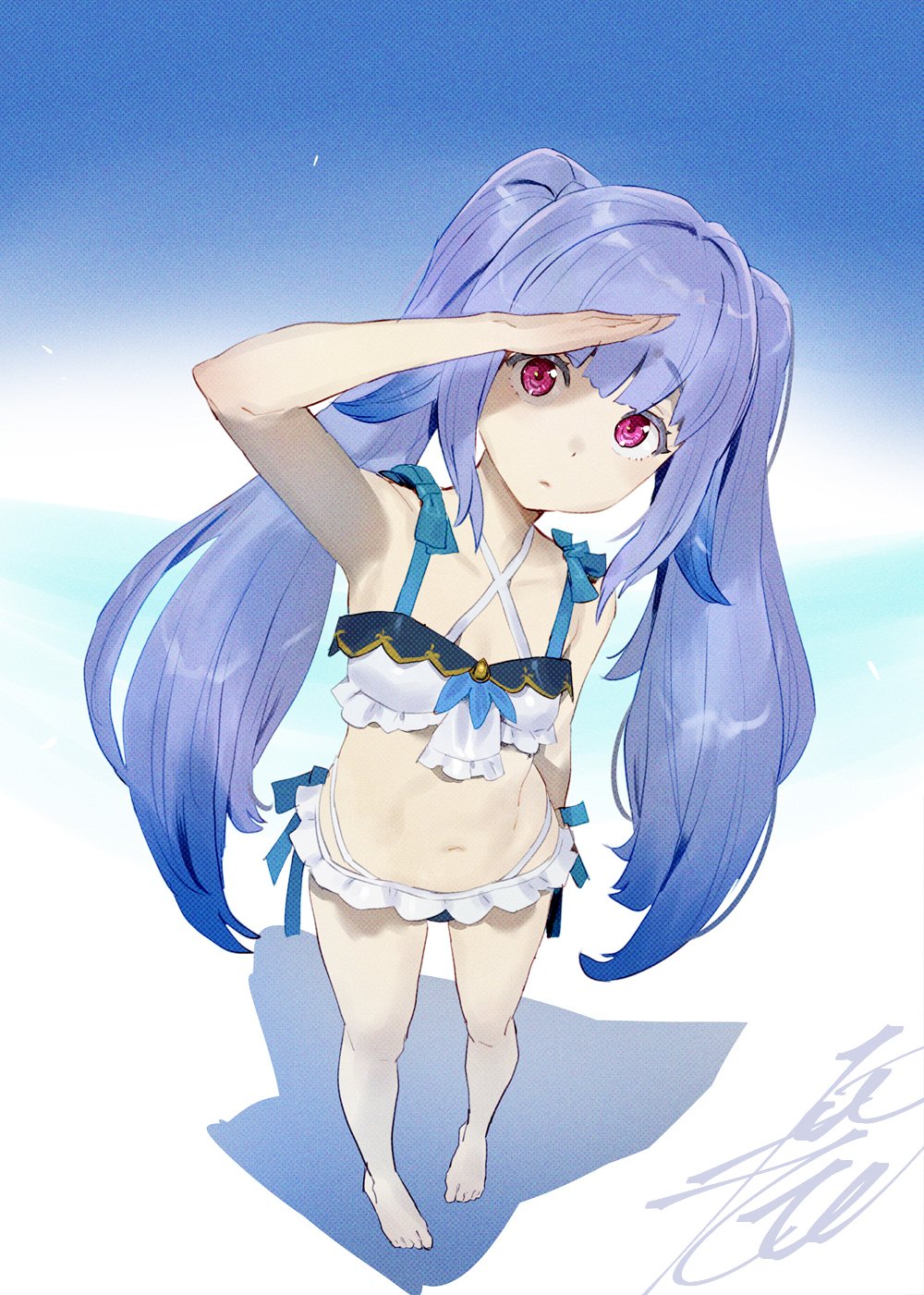 1girl arm_behind_back arm_up bare_shoulders barefoot blue_bow blue_hair blue_theme bow check_copyright closed_mouth copyright_request eyelashes frilled_swimsuit frills gradient gradient_hair highres kobayashi_gen long_hair looking_at_viewer multicolored_hair navel original signature solo standing swimsuit twintails violet_eyes