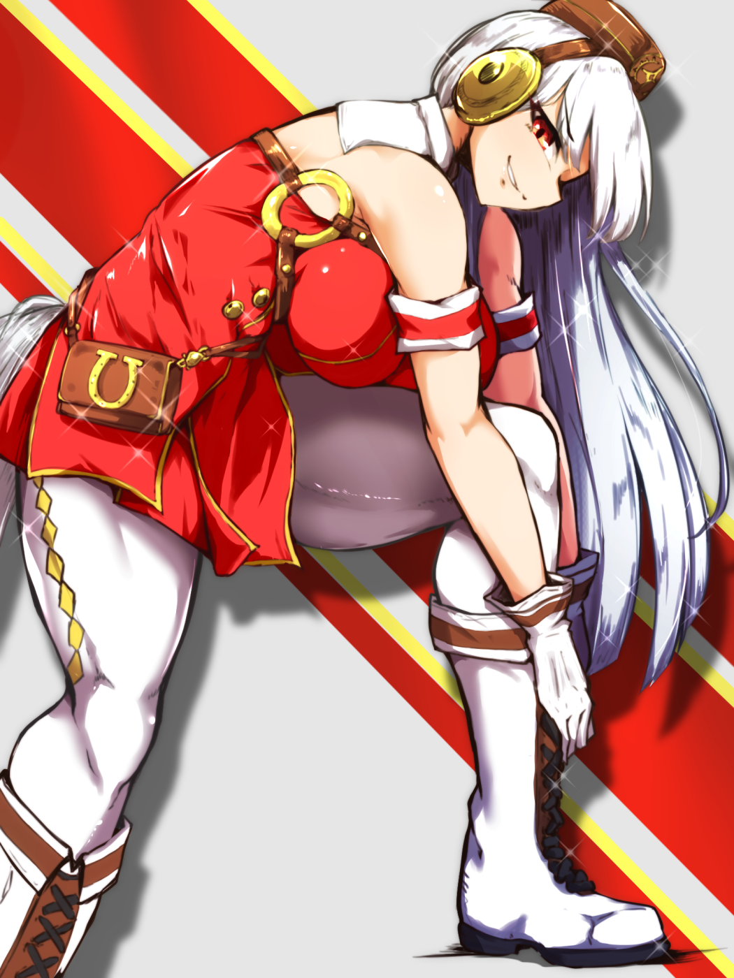1girl animal_ears bangs bare_shoulders boots breasts earphones from_side gloves gold_ship_(umamusume) hat highres horse_ears horse_girl horse_tail large_breasts long_hair looking_at_viewer open_mouth pandain red_eyes sideboob smile solo tail thigh-highs umamusume uniform white_gloves white_hair white_thighhighs
