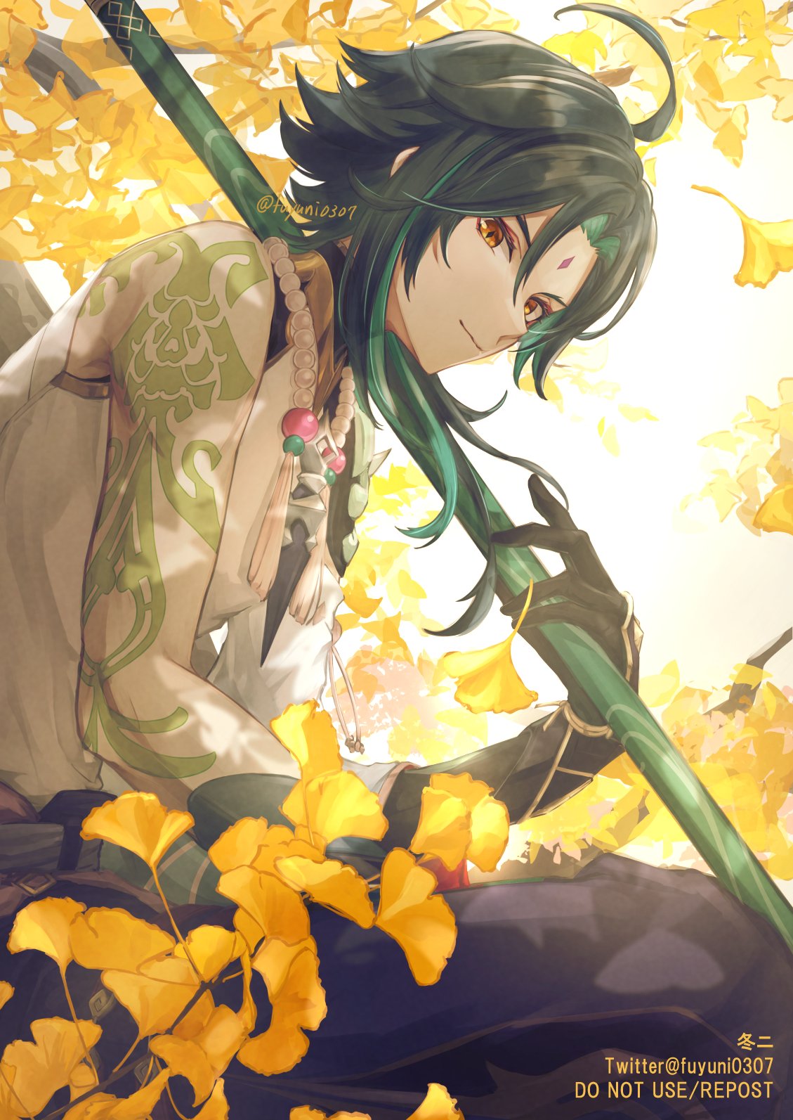 1boy ahoge arm_tattoo bangs bare_shoulders bead_necklace beads black_gloves blue_pants branch closed_mouth commentary_request diamond-shaped_pupils diamond_(shape) eyelashes facial_mark floating_hair forehead_mark fuyuni0307 genshin_impact ginkgo ginkgo_leaf gloves green_hair hand_up highres holding holding_polearm holding_weapon jewelry leaf looking_at_viewer male_focus multicolored_hair necklace pants parted_bangs polearm shirt short_hair short_hair_with_long_locks sidelocks sitting sleeveless sleeveless_shirt smile solo streaked_hair symbol-shaped_pupils tassel tattoo tree weapon white_shirt xiao_(genshin_impact) yellow_eyes