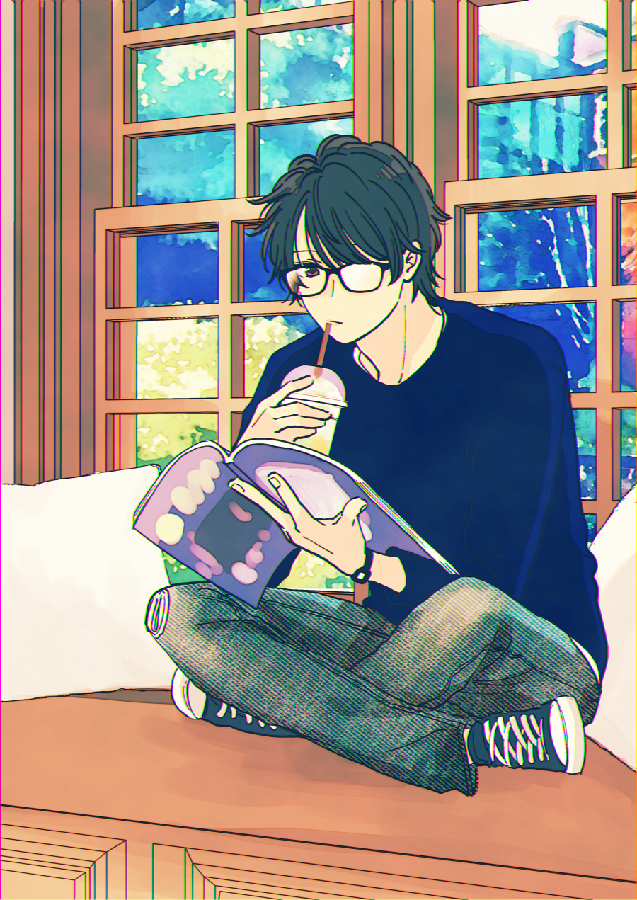1boy black-framed_eyewear black_hair brown_eyes crossed_legs cup disposable_cup drinking_straw highres indoors magazine_(object) male_focus original pillow shoes sitting sneakers solo ueno_haruki watch watch window