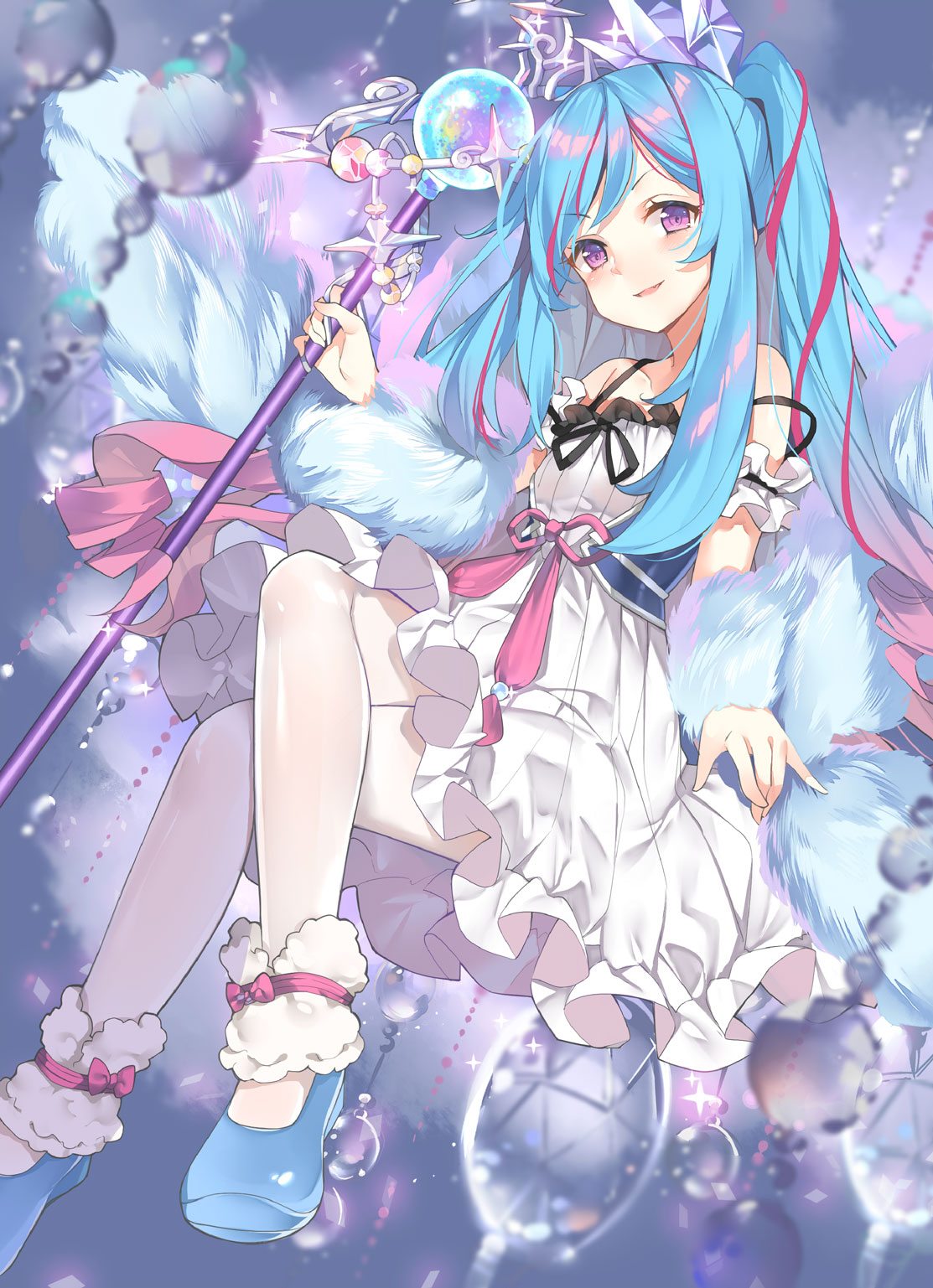1girl blue_footwear blue_hair braid crystal duel_monster full_body fur_scarf gradient_hair highres holding holding_staff kikistark lace_trim long_hair looking_at_viewer multicolored_hair rilliona_(yu-gi-oh!) side_braid smile staff thigh-highs very_long_hair violet_eyes witchcrafter_madame_verre yu-gi-oh!