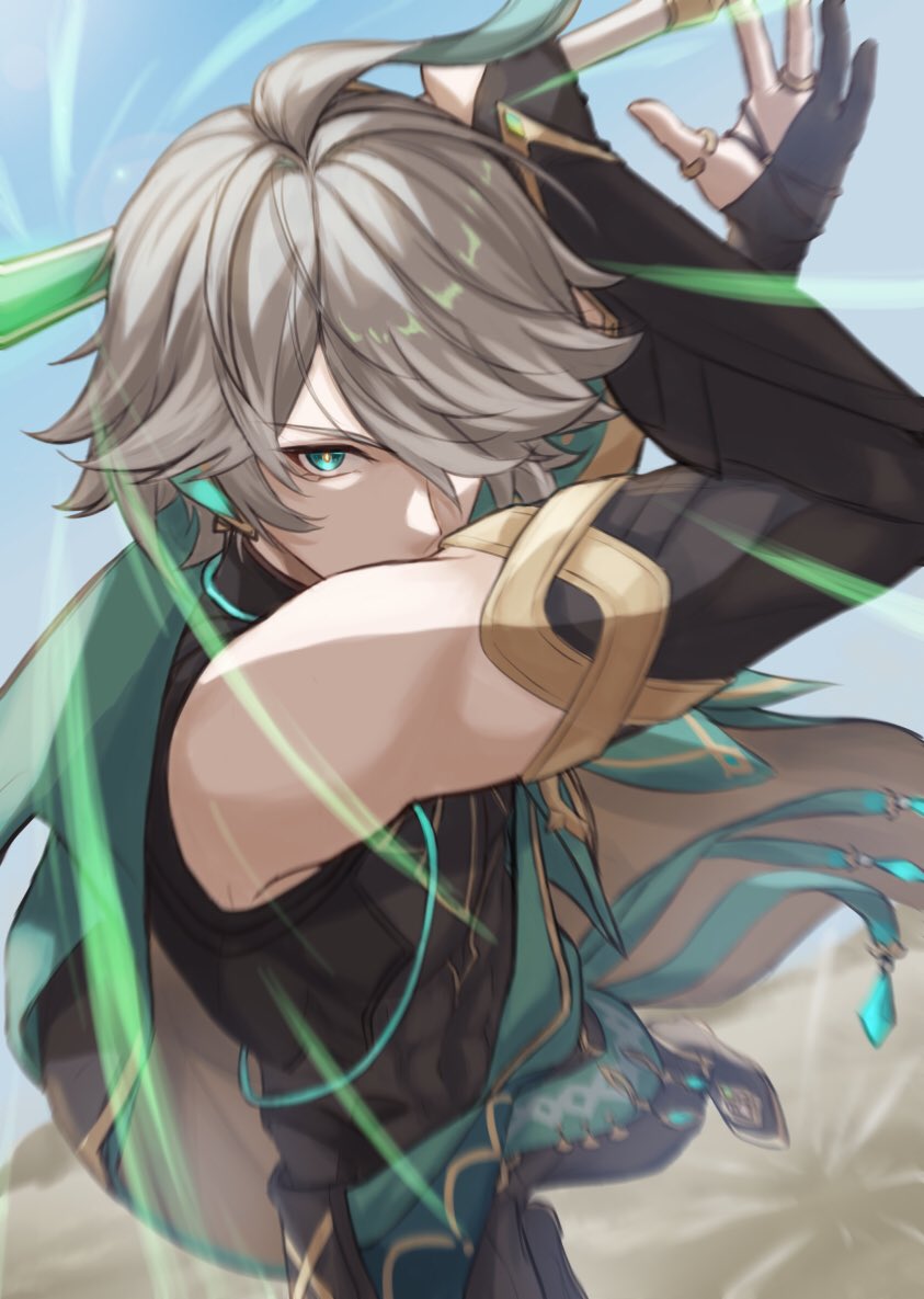 1boy ahoge al-haitham_(genshin_impact) arms_up attack bangs bare_shoulders black_gloves blue_sky bodysuit bright_pupils cape charging_forward commentary_request covered_mouth day desert elbow_gloves energy fighting_stance gem genshin_impact gloves green_cape green_eyes green_ribbon grey_hair hair_over_one_eye headphones holding holding_sword holding_weapon male_focus one_eye_covered outdoors parted_bangs partially_fingerless_gloves ribbon short_hair shoulder_cape sidelocks sky solo swept_bangs sword two-sided_cape two-sided_fabric u2_(yuniu222) v-shaped_eyebrows weapon white_pupils