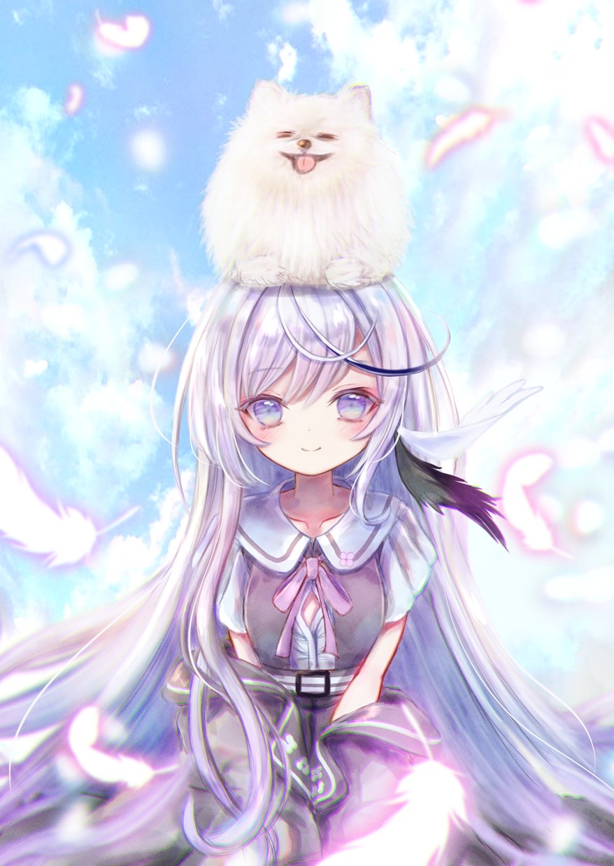 1girl animal_on_head awae_iroha blue_background blue_theme closed_mouth dog dress emori_miku_project highres liver_city long_hair looking_at_viewer megts0331 on_head purple_hair short_sleeves sitting smile solo violet_eyes virtual_youtuber