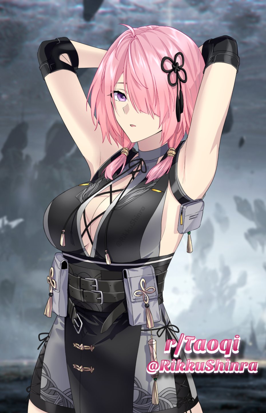 1girl armpits arms_behind_head arms_up bangs bare_shoulders belt blue_eyes breasts chinese_clothes hair_ornament highres large_breasts looking_at_viewer open_mouth pink_hair rikkushinra rock short_hair solo standing wuthering_waves