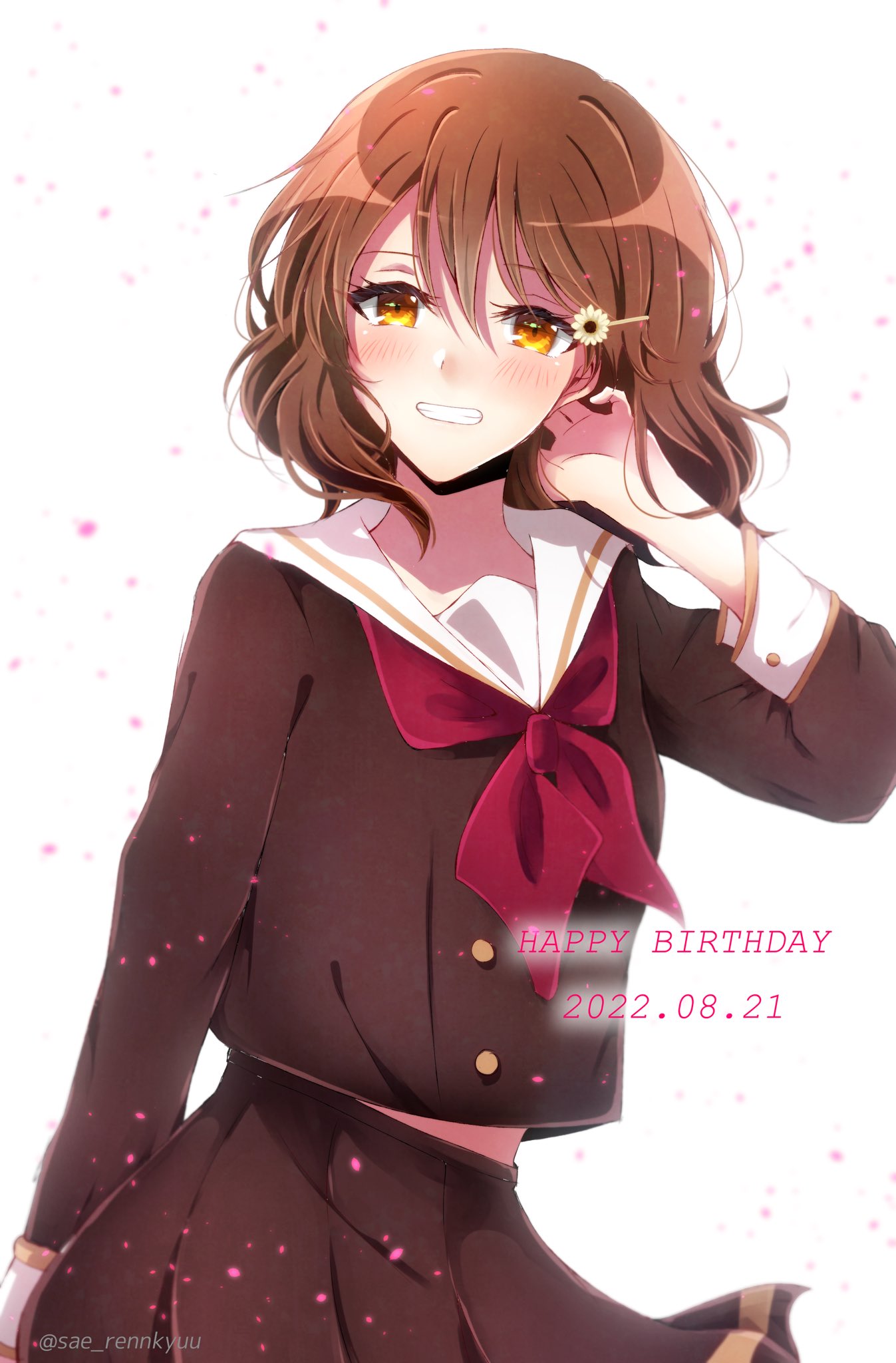 1girl artist_name bangs blush brown_eyes brown_hair brown_shirt brown_skirt dated flower hair_flower hair_ornament hairclip hand_up happy_birthday hibike!_euphonium highres kitauji_high_school_uniform long_sleeves looking_at_viewer neckerchief oumae_kumiko parted_lips pleated_skirt red_neckerchief sae_(renkyuuake) sailor_collar school_uniform serafuku shirt short_hair skirt smile solo standing uniform white_background white_sailor_collar