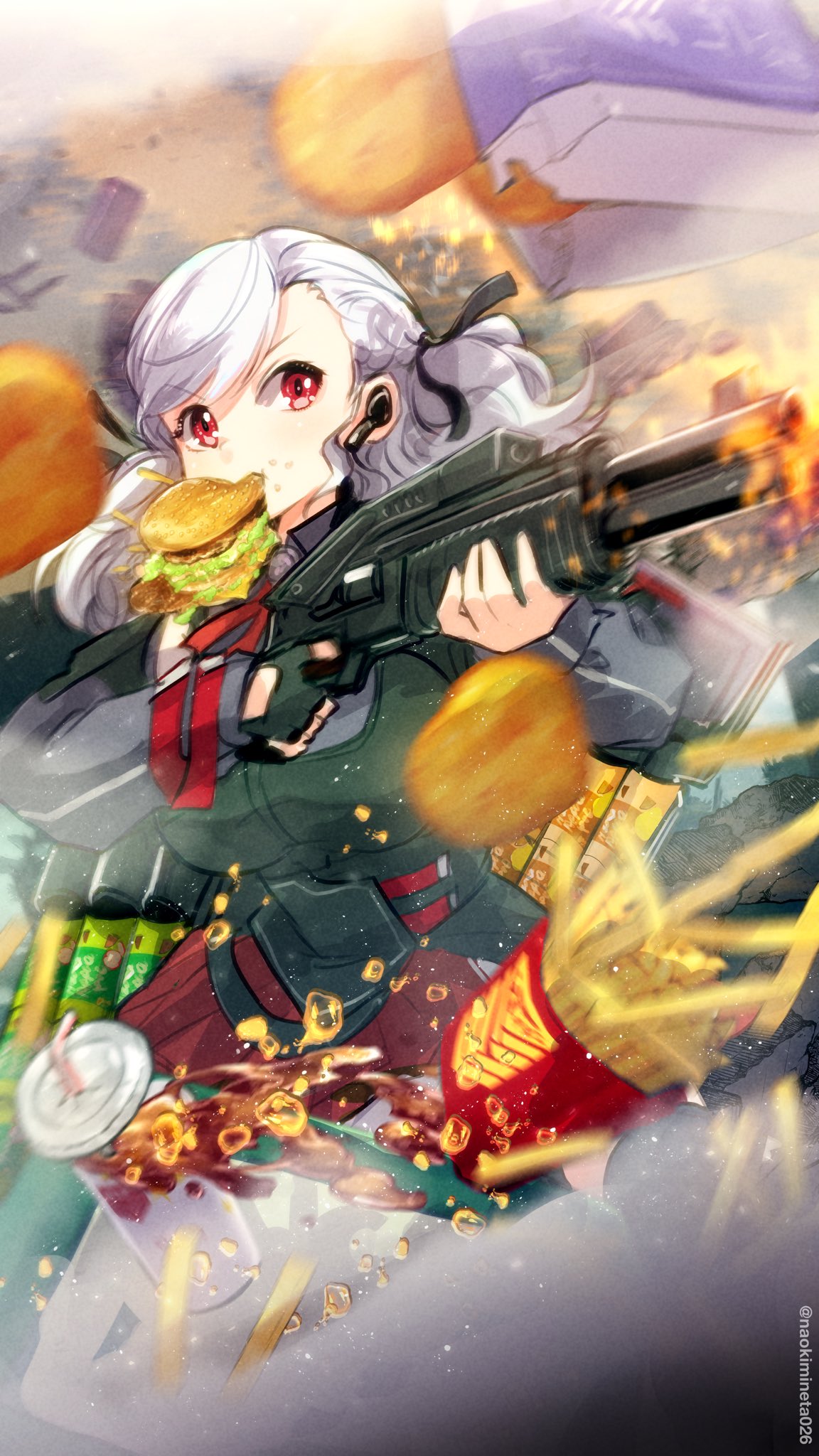 1girl black_gloves black_ribbon burger cup disposable_cup earpiece fast_food finger_on_trigger fingerless_gloves firing food food_in_mouth french_fries girls_frontline gloves grey_hair gun hair_ribbon highres holding holding_gun holding_weapon long_hair mineta_naoki red_eyes ribbon shotgun soda solo spas-12 spas-12_(girls'_frontline) twintails weapon