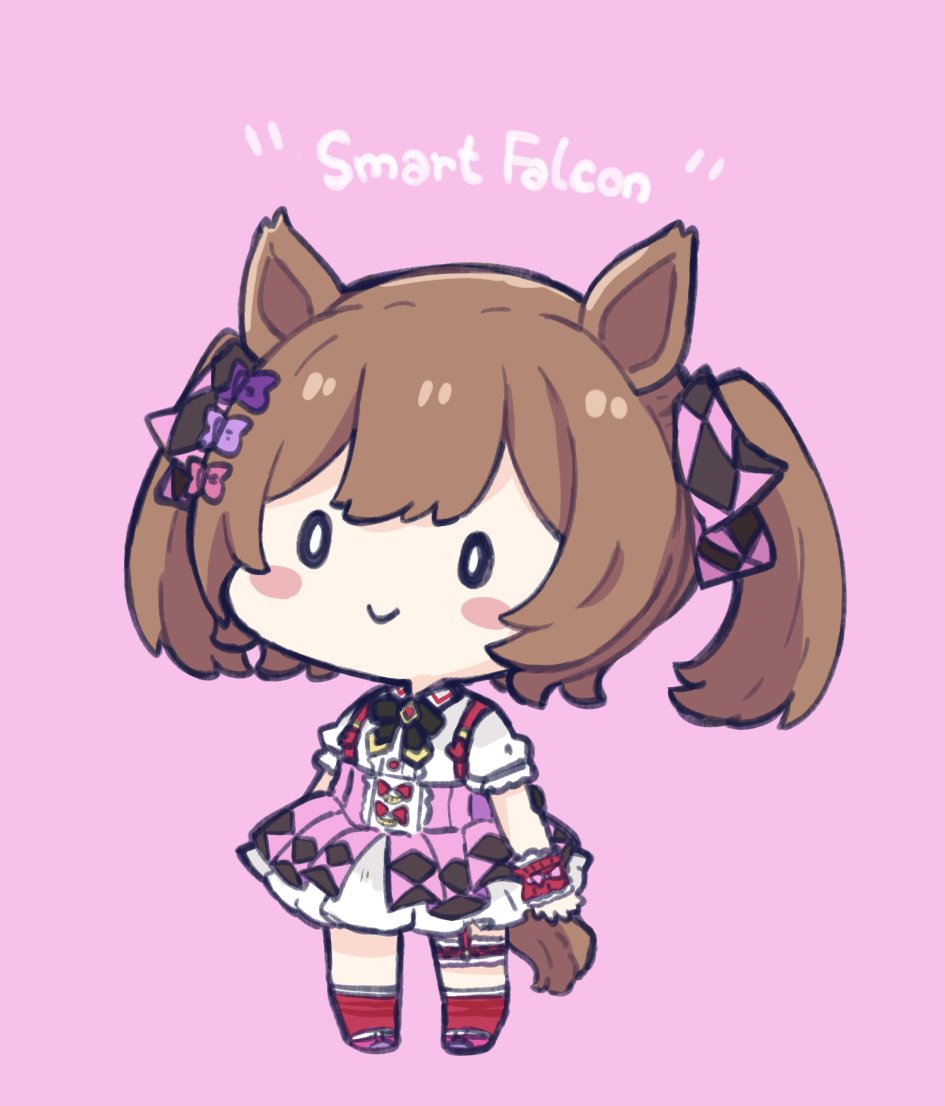 0_0 1girl animal_ears bangs black_bow blush_stickers bow brown_hair character_name chibi closed_mouth collared_shirt commentary full_body hair_bow horse_ears horse_girl horse_tail nozo_(hitomiz) pink_background pink_bow pink_footwear pink_skirt pleated_skirt purple_bow red_socks shirt shoes short_sleeves sidelocks simple_background skirt smart_falcon_(umamusume) smile socks solo standing tail twintails umamusume white_shirt wrist_cuffs