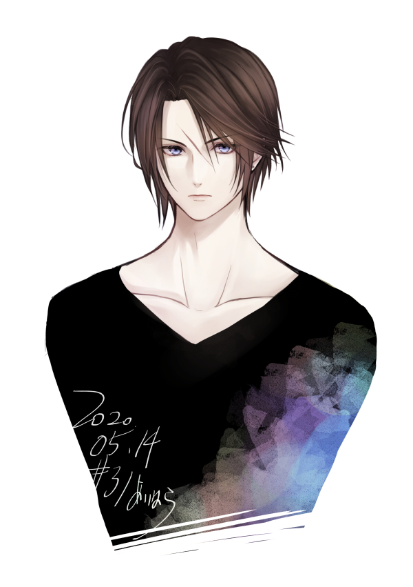 1boy bangs black_shirt blue_eyes brown_hair collarbone dated expressionless final_fantasy final_fantasy_viii hiryuu_(kana_h) long_sleeves looking_at_viewer male_focus parted_bangs scar scar_on_face shirt short_hair solo squall_leonhart upper_body white_background