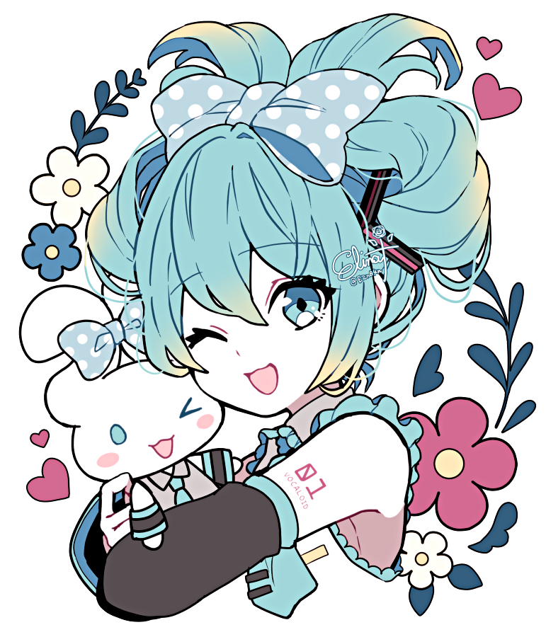 1girl 1other :3 animal_hug bangs blonde_hair blue_eyes blue_hair blue_necktie bow cheek_poking cinnamiku cinnamoroll colored_skin commentary_request cosplay detached_sleeves double_bun flower_(symbol) frilled_shirt frills gradient_hair hair_between_eyes hair_bow hair_bun hatsune_miku hatsune_miku_(cosplay) heart hug looking_at_viewer multicolored_hair murasaki_daidai_etsuo necktie negative_space one_eye_closed open_mouth poking polka_dot polka_dot_bow sanrio shirt sidelocks signature smile tie_clip updo vocaloid white_skin