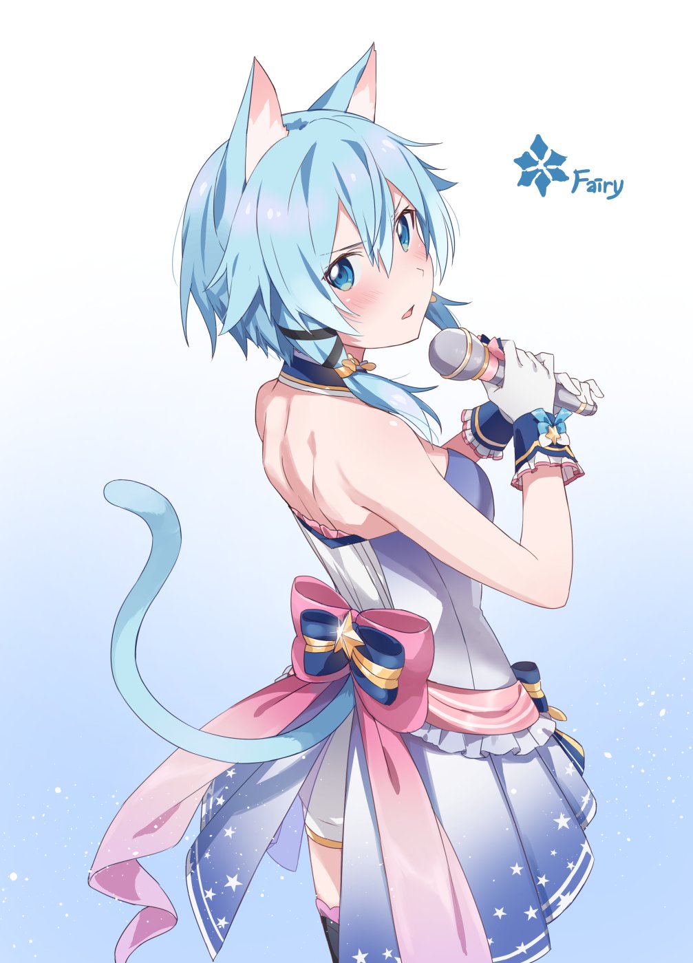 1girl alternate_costume animal_ears back_bow bangs bare_shoulders blue_bow blush bow cat_ears cat_tail gloves hair_between_eyes highres holding holding_microphone idol knokzm looking_at_viewer looking_back microphone pink_bow sinon sinon_(sao-alo) sleeveless solo sword_art_online tail white_gloves