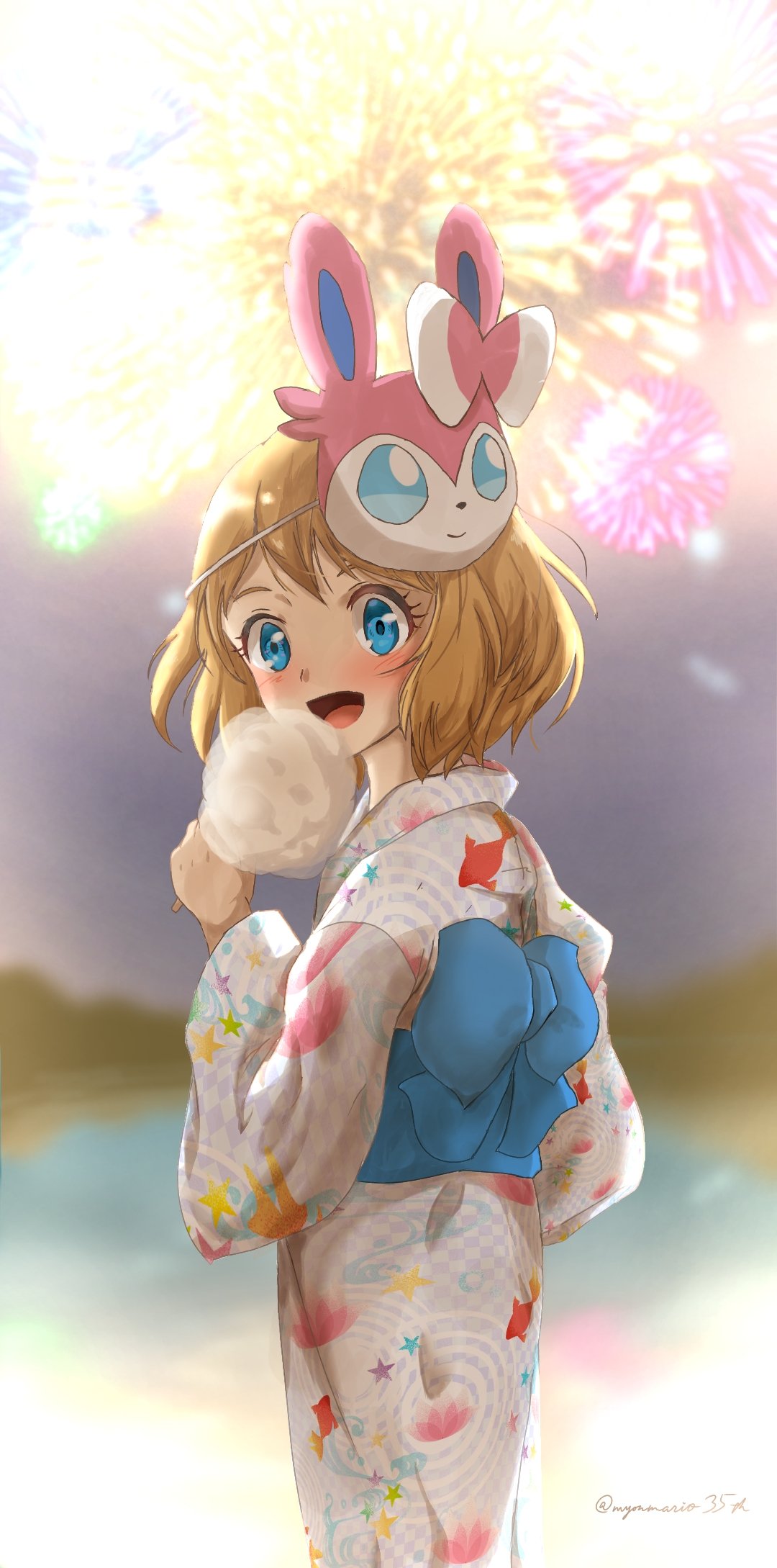 1girl :d alternate_costume bangs blonde_hair blue_eyes blue_sash blurry blush character_mask commentary_request cotton_candy eyelashes fireworks hand_up highres holding japanese_clothes kimono looking_back mask mask_on_head myonmario35th open_mouth pokemon pokemon_(anime) pokemon_xy_(anime) sash serena_(pokemon) short_hair smile sylveon tongue twitter_username white_kimono wide_sleeves