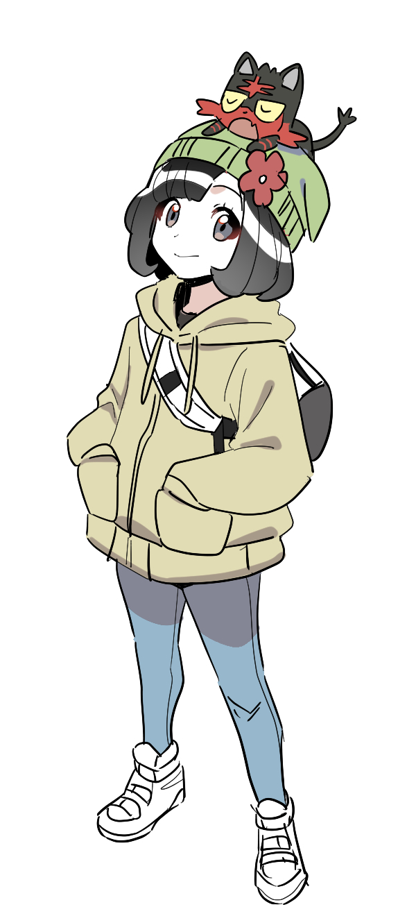 1girl alternate_costume bag beanie black_hair closed_eyes dede_(qwea_00000) fang full_body hands_in_pockets hat highres jacket litten looking_at_viewer on_head open_mouth pants pokemon pokemon_(creature) pokemon_(game) pokemon_on_head pokemon_sm selene_(pokemon) simple_background skin_fang smile tail white_background white_footwear