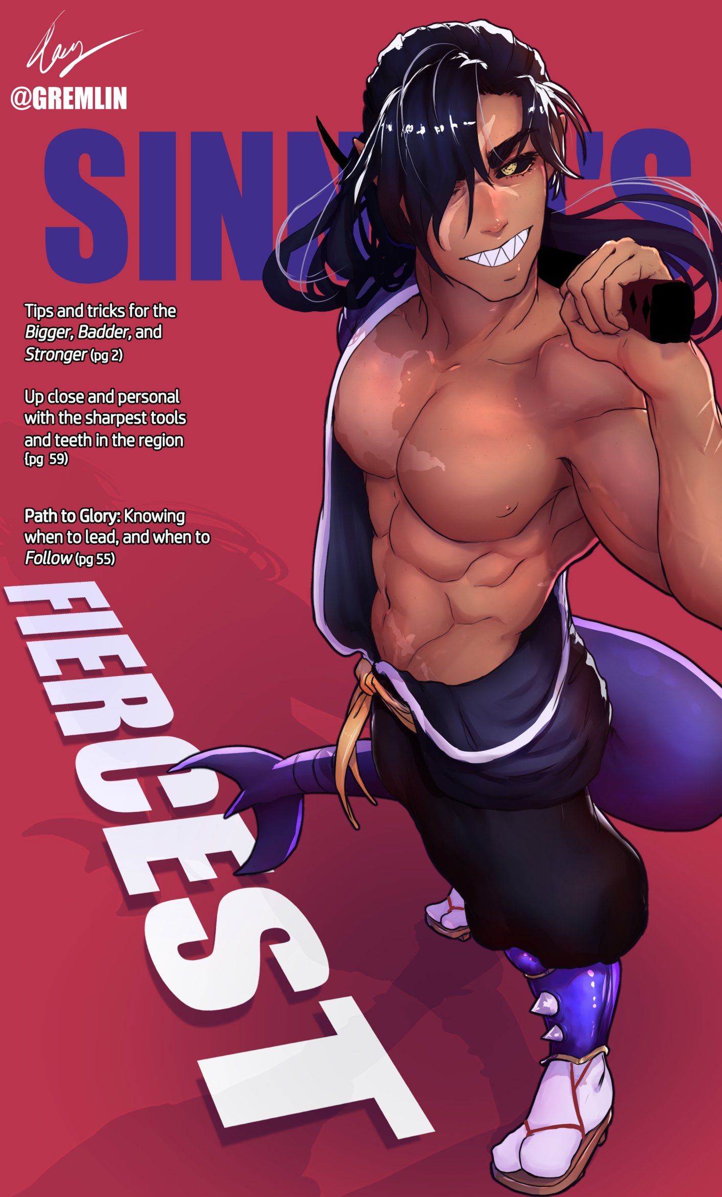 1boy black_hair black_sclera colored_sclera cover garchomp highres katana long_hair magazine_cover open_clothes open_shirt personification pointy_ears pokemon ponytail samurai sandals scar scar_on_face shark_boy sharp_teeth sword tasy teeth weapon yellow_eyes