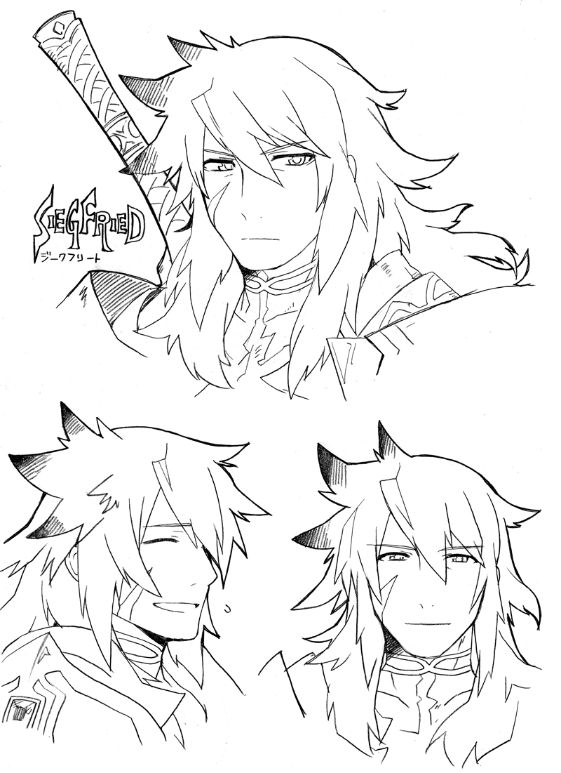 1boy :d ^_^ armor closed_eyes colored_tips cropped_shoulders expressionless fate/apocrypha fate/grand_order fate_(series) flying_sweatdrops greyscale hair_between_eyes haretaka light_smile long_hair looking_at_viewer male_focus monochrome multicolored_hair multiple_views scar scar_on_face scar_on_neck siegfried_(fate) simple_background smile weapon weapon_on_back white_background