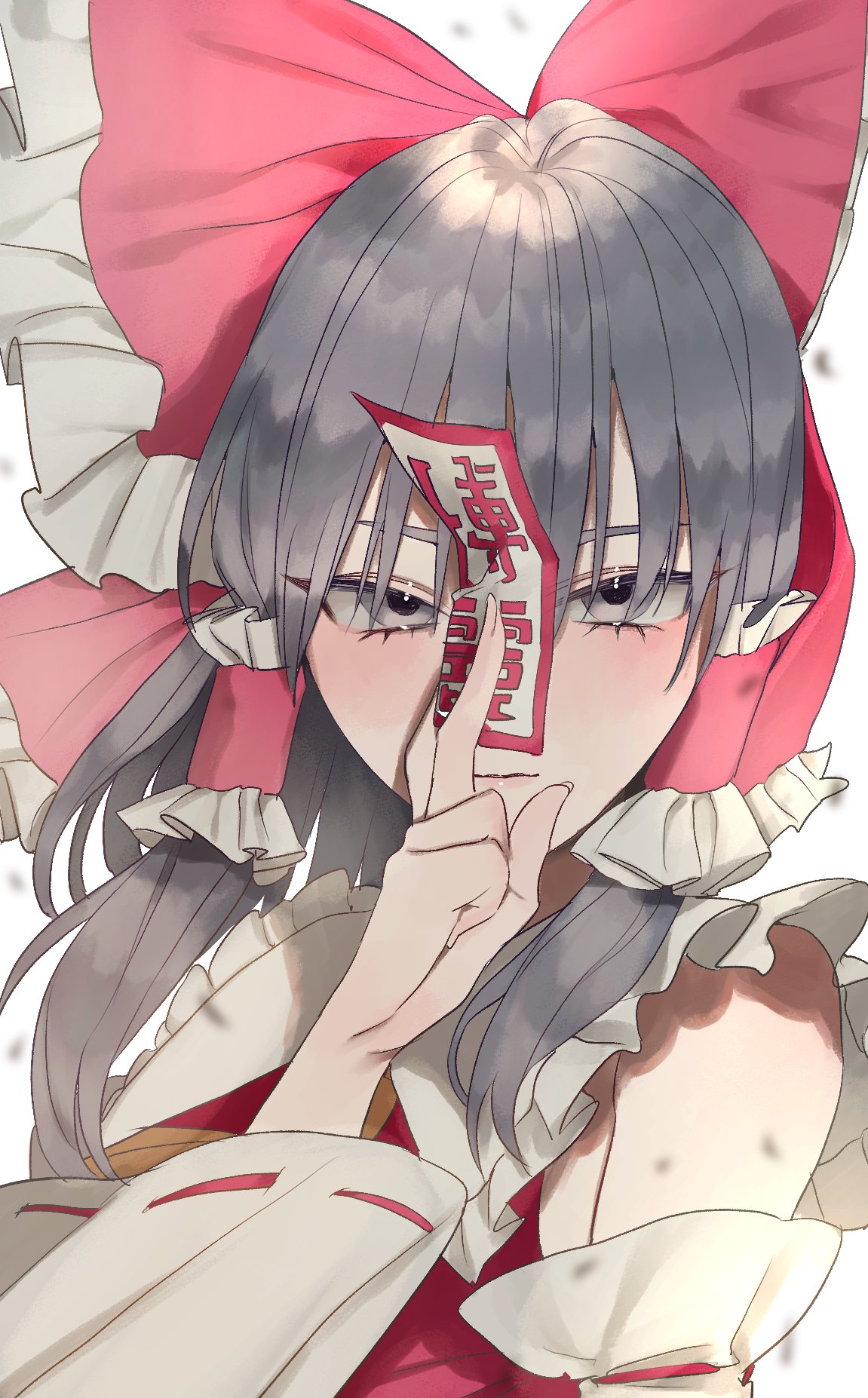1girl ascot bare_shoulders between_fingers bow detached_sleeves frilled_bow frills hair_bow hair_tubes hakurei_reimu hand_up highres japanese_clothes looking_at_viewer nontraditional_miko ofuda red_bow ribbon-trimmed_sleeves ribbon_trim simple_background solo touhou upper_body white_background wide_sleeves zabu_rou