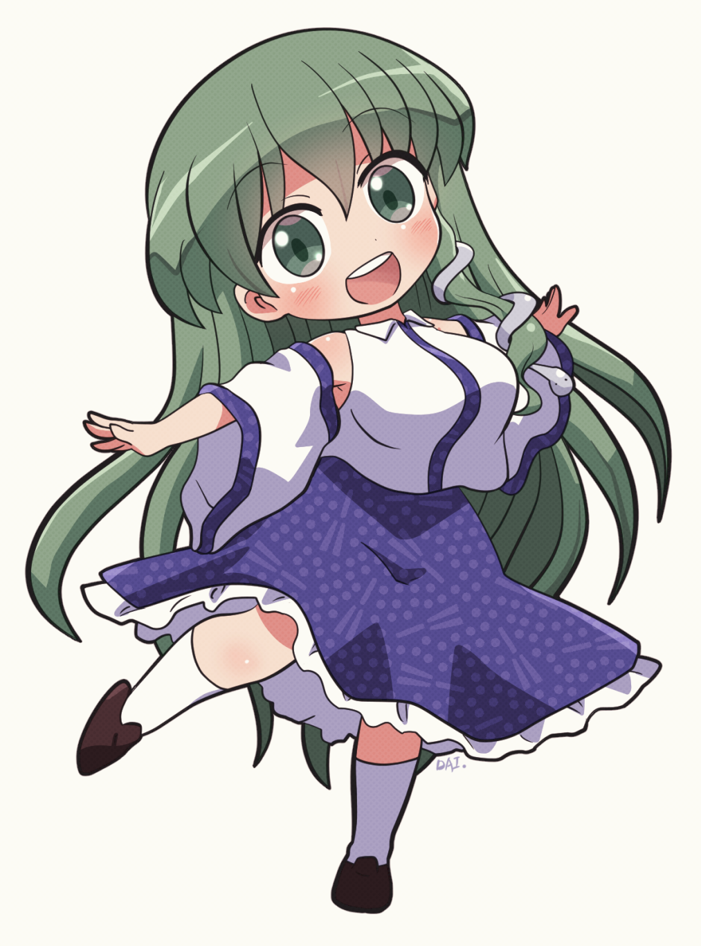 1girl bare_shoulders blue_skirt blush brown_footwear chibi detached_sleeves frog_hair_ornament green_eyes green_hair hair_between_eyes hair_ornament highres japanese_clothes kneehighs kochiya_sanae long_hair nontraditional_miko open_mouth rokugou_daisuke shoes signature simple_background skirt smile snake_hair_ornament socks solo teeth touhou upper_teeth white_background white_sleeves white_socks wide_sleeves